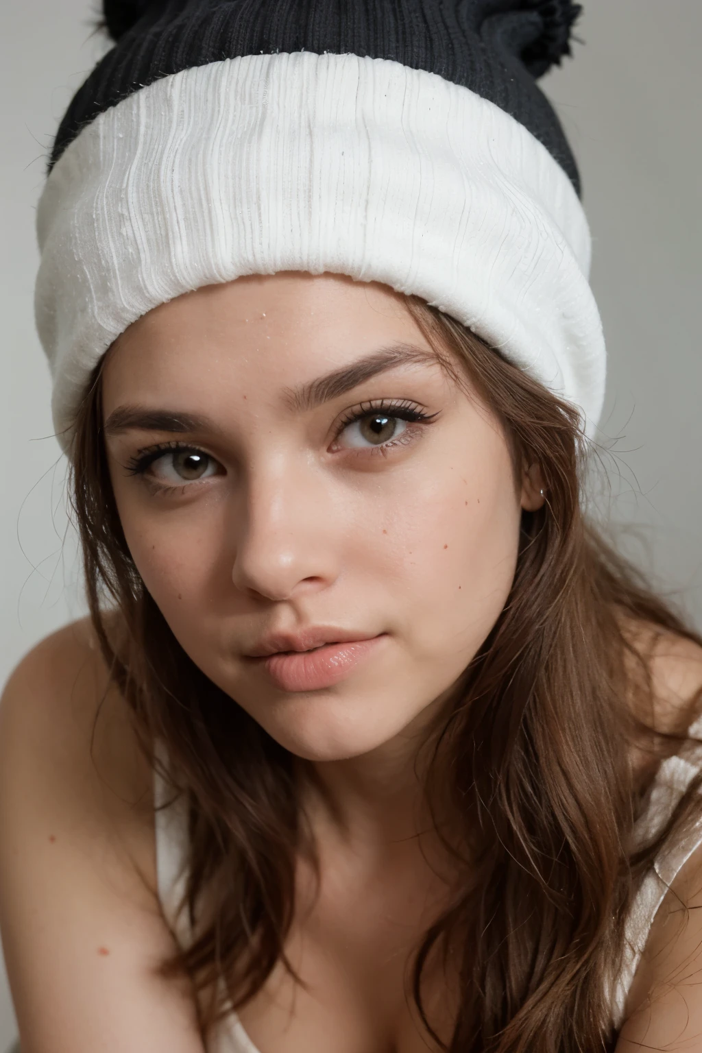 Mujer de tez blanca, pelo blanco con toques negros y pecas en la cara