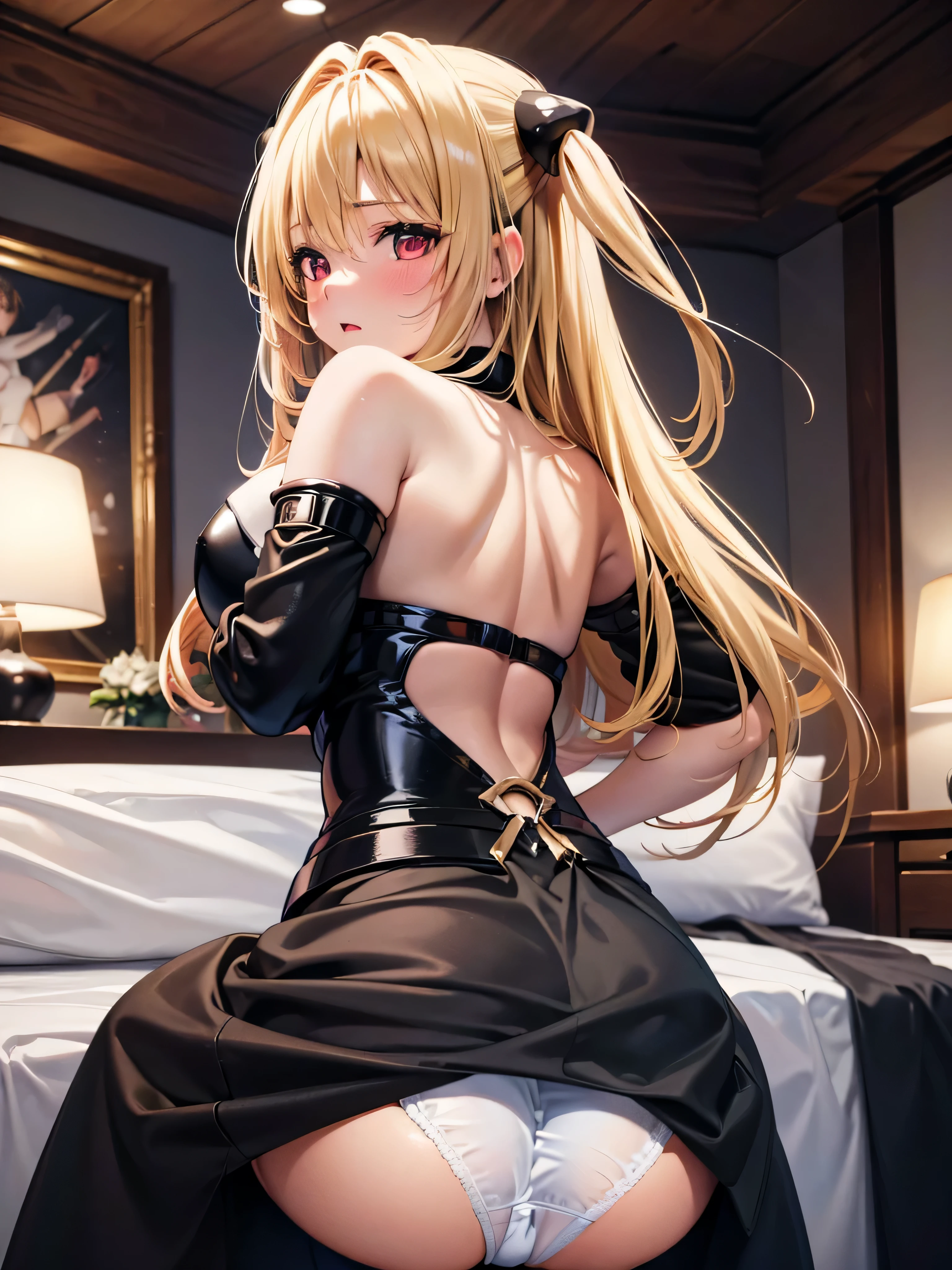 masterpiece, highest quality, hd, 4k, ultra high resolution, extreme details, Super detailed, (1 girl), konjiki no yami, very long hair, blonde, two side up, hair ornaments, bare shoulders, ((black dress)), removed sleeve, sexy panties, Full Body Shot, Bedroom, On the bed, bed, bed, bedroom, back view, look at viewer, Gigantic hips, Back Shot, back view, crawling position, looking back over the shoulder, Back Pose, backwards pose, show your butt, stick out your butt, Buttocks emphasis, butt up, (embarrassed look:1.5), big breasts, thigh, Ahegao, blush, Shyness, highly detailed face, perfect sentence, Detailed CG, (perfect hands, perfect anatomy), (white panties:1.5), Angle looking up from below、realistic skin, shiny skin, shiny skin, professional lighting, sweaty feet, (looking at the viewer:1.4)