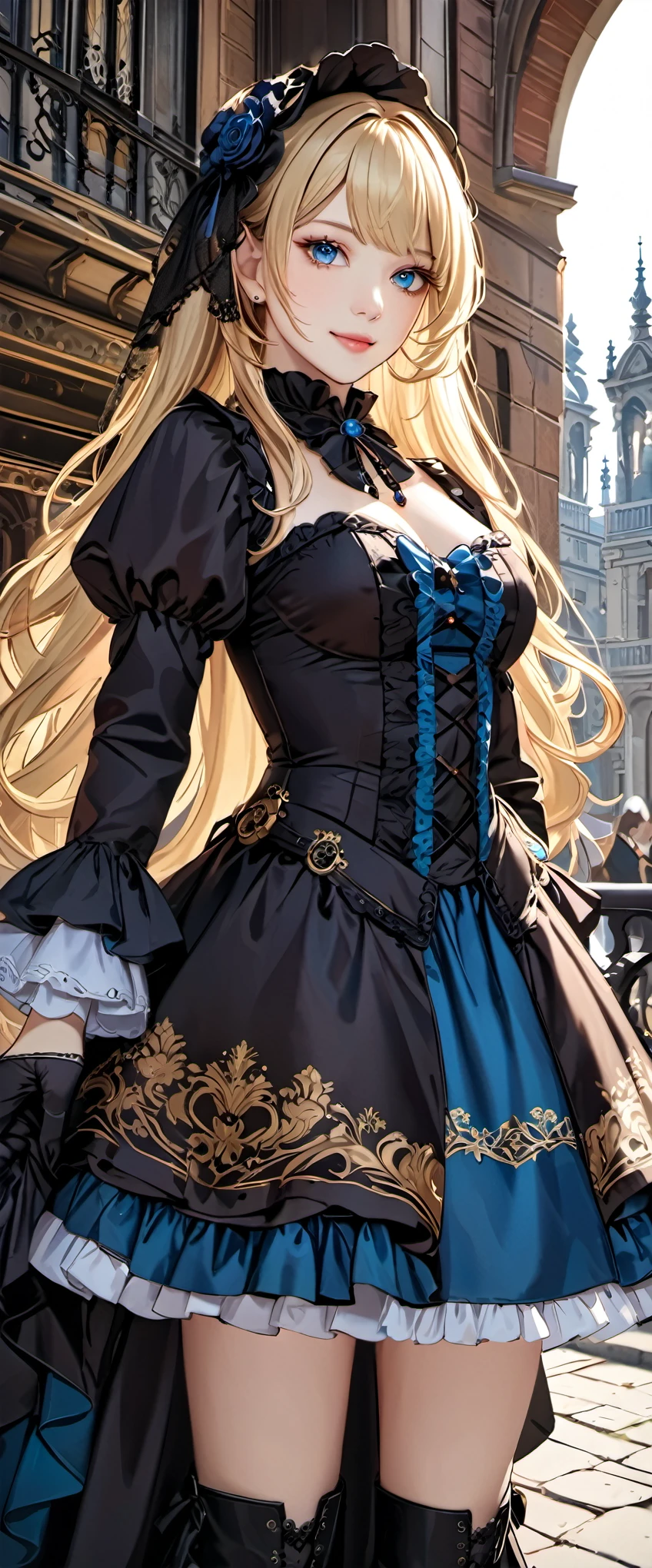 woman wearing dress and boots , baroque dress, wearing a detailed steampunk dress, elegant gothic princess, victorian gothic ta fashion, historical baroque dress dark, black gothic loliress, fantasy style clothing, rococo dress, black rococo, fantasy costume, wearing a gothic dress, romantic dress, gothic dress,blonde,,(((upper body portrait)))blue eyes,city,(((mini skirt)))smile,Show the whole body