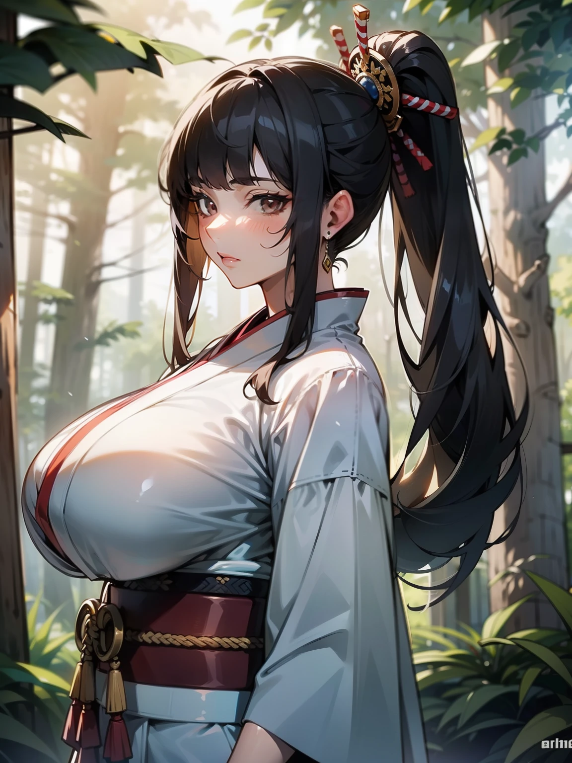 {{{masterpiece}}}, {{{best quality}}}, {{ultra-detailed}}, {cinematic lighting}, {illustration}, {beautifuly detailed eyes}, {1girl}, extremely detailed, 1girl, solo,  A beautiful samurai warrior, black hair in a long ponytail, wearing white and black kimono, warrior, serious, brown eyes, huge breasts, hourglass figure, facing viewer, outdoors, woodland background, highly detailed face and clothing, slightly narrow eyes, perfect face, fair skin, hair bangs, long hair, cowboy shot, noble beautiful, traditional Japanese clothing, samurai woman, side view , huge breasts 