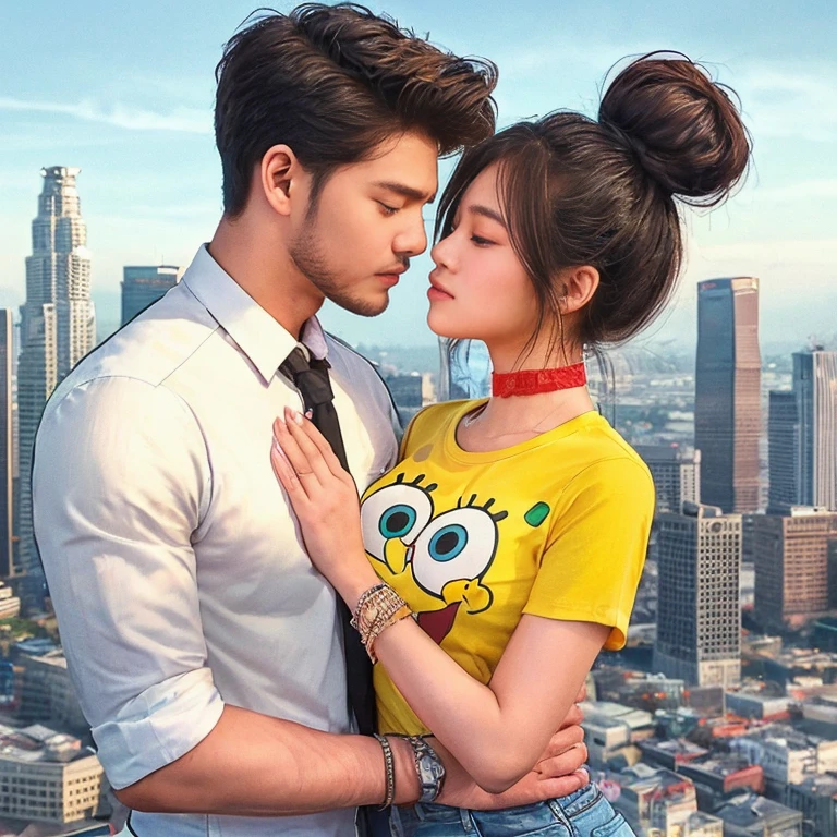 romantic, a Indonesia hendsome man wearing white shirt, black tie, 3 Thailand young woman,wearing yellow t-shirt Spongebob, red choker, short denim pants, bun hairstylist, hug each other, kiss.on top of a skyscraper. los angeles city below as background.