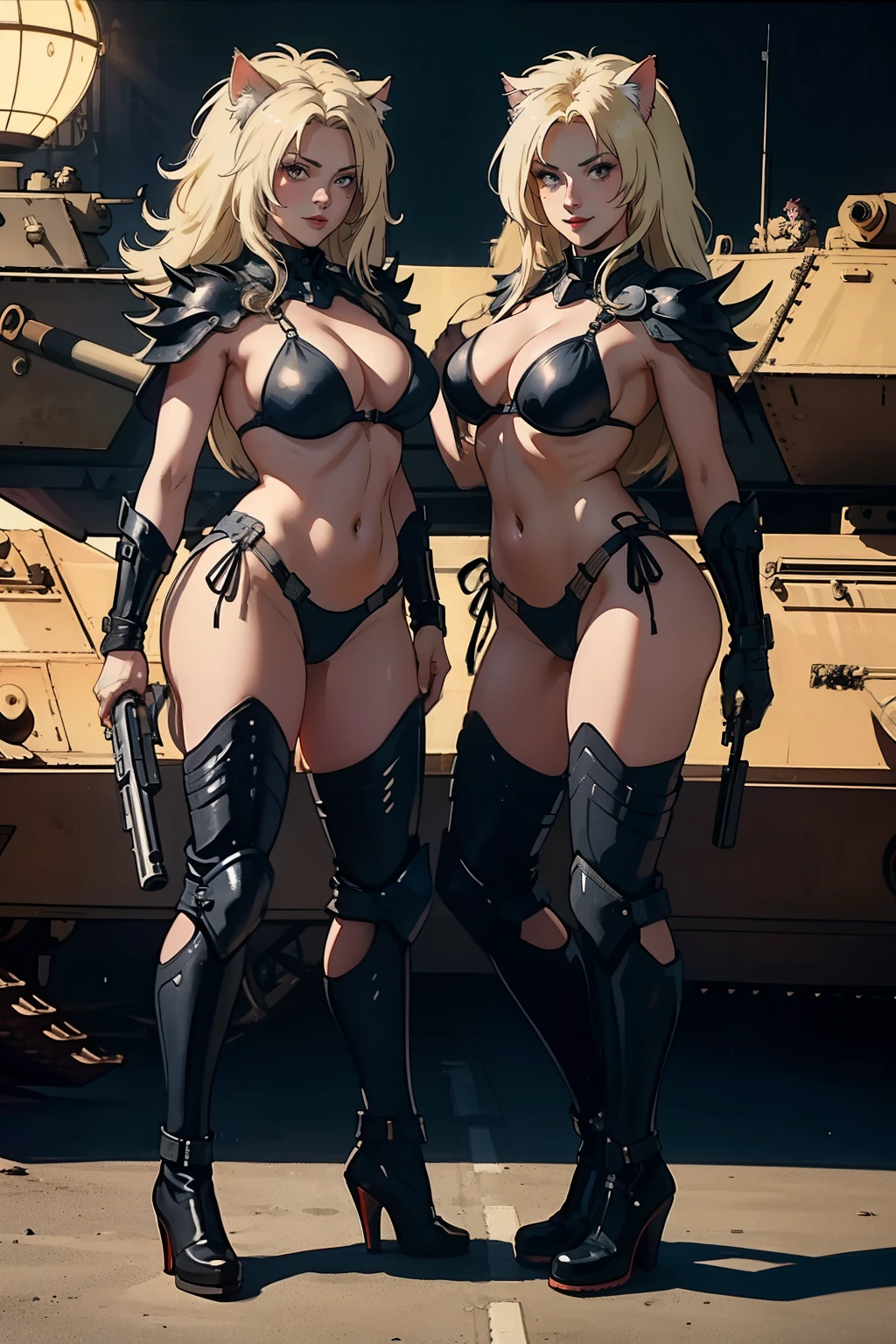 ((highest quality)), ((masterpiece)), (be familiar with), (High definition), 8K, perfect face、2 women、Two blonde women with cat ears standing side by side、(Smile)、tall、2 Blonde cat ears、2. Long Hair、2. Volumetric hair style、big breasts、constricted waist、big ass、glamorous、Glamorous、Bikini Protector、Armor、combat suit、combat boots、armed、Equipped with large firearms、Posing in front of a tank、cinematic、best shadow、side lighting、NEO TOKYO、(Close-up of two faces:1.1)