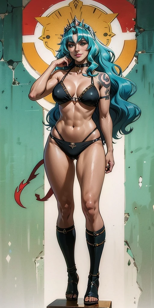 Dos muslos largos, ojos amarillos, pelo rubio, cabello corto, pechos grandes, mangas separadas, fondo muy blanco, Tiara real, capa larga, Bikini tigre amarillo, Tacones altos, manos en la cintura. Tatuaje rojo en el ombligo., MILF de cuerpo completo BIMBO, cara de sonrisa lujuriosa y sonriente (rubor rojo), hombros de metal, brazales dorados sin mangas, gargantilla negra