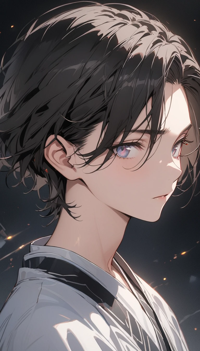 (highest quality、masterpiece、High resolution、detailed), (Shining eyes、detailed美しい顔)､beautiful anime、BREAK,There is a young man, with black hair, look to the side, In the dark air, masterpiece, highest quality, 1 person,male focus, good looking, [thin eyebrows], portrait, 非常にdetailed顔, black hair, (short hair)、slender physique