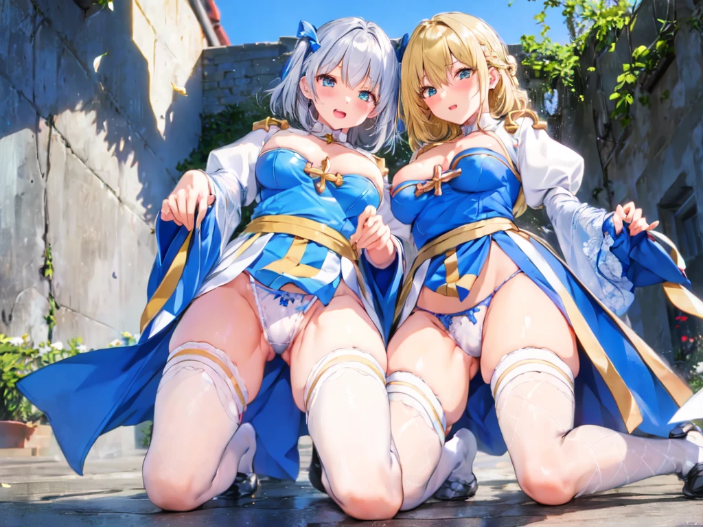 Texture CG, ((Ultra Detail Art)), ((master piece)), (extremely details CG),Multiple girls,3girls,kneeling ,nsfw ,ragnarokarch, sexy gal , gyaru,beautiful breasts, beautiful legs,(from below:1.2), show off panties ,panty shot, wind lift ,((string panties),(sexy string panties)),clothy_aside, clothing aside, clothes lift, pelvic curtain,(((White Puff Sleeves))), white thigh thighs, Gold Sash ,White blue dress from neck to chest, cleavage cutout, Long blue skirt with slit, (Blue Wide Sleeve), (Blue Dress Short Front), long hair, blonde hair, pink hair, silver hair, Curve, Beautiful detailed eyes , gleaming skin, open mouth ,light smile, embarrassed:1.4, outsides ,clear sky, in summer ,windy ,garden,