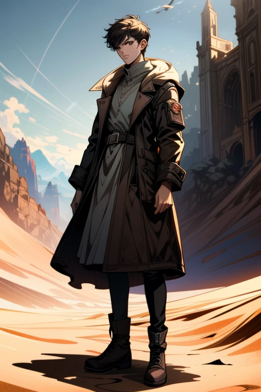 ((very detailed, Masterpiece, nonsense))
 DmCDante, 1 boy, alone, short hair, brown hair, Dress of a wanderer, desert backdrop, dynamic light, Standing with a broken map, adventurous spirit