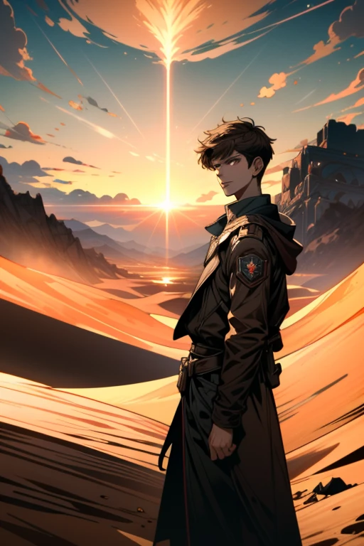 ((very detailed, Masterpiece, nonsense))
 DmCDante, 1 boy, alone, short hair, brown hair, Dress of a wanderer, desert backdrop, dynamic light, Standing with a broken map, adventurous spirit