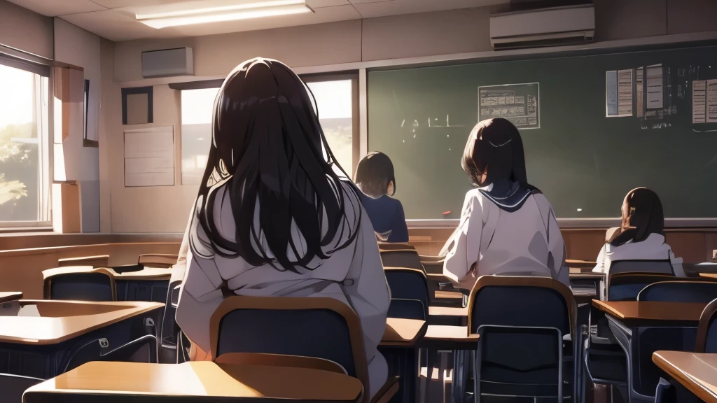 classroom、There are three girls、dark atmosphere