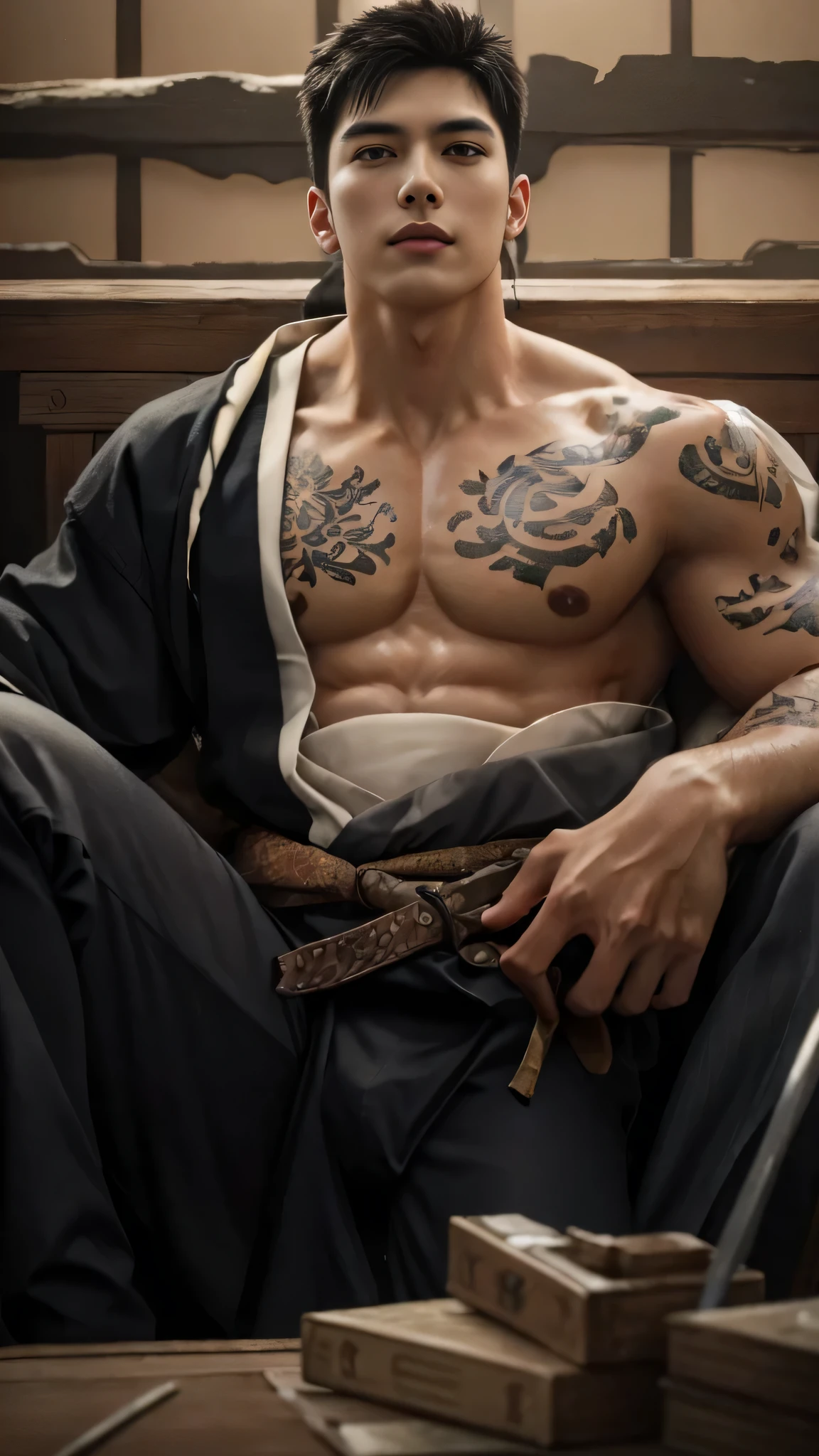 1 male, (male model) hot skin, masterpiece, most beautiful qualities, most handsome man in the world, by Tham Quan, perfect body, beautiful male model, attractive male lead 25- 30 aesthetic age, boat, gang master, stretch room, table, knock, money, sword, catana, rugged and handsome young man in transparent kimono, transparent white fabric, shoulder jacket, exposed chest muscles , exposed thighs, ((white transparent briefs exposed)), (male focus), (smooth body) ), smile, super cute, dynamic posture, cool and charming, light impressive light, full body shot, full body shot, young face, full body, hairless body, tall thin, fit body, celebrity, white or fair skin, Young face , Toned body , Hd, Natural skin tones, soft lighting, Highly detailed, Look at audience, photography, Detailed skin, Real people, realistic, Realistic optics, Crazy details, Detailed facial details detail, Maximize Exaggeration, Exaggerated Surrealism, film, Tele, light intricate detail, high detail, high detail, digital painting, artstation, concept art, smooth capture, sharp, illustrated, Unreal Engine 5.8K, art by Ross Tran and Greg Rutkowski and Alphonse Mucha, UHD, 8k, Men's Only Screen . 8k Ultra HD, DSLR, low light, high quality, film grain, Fujifilm XT3, male fan, 2 person model, two people, black hair, chest tattoo,body, 6 packs.
