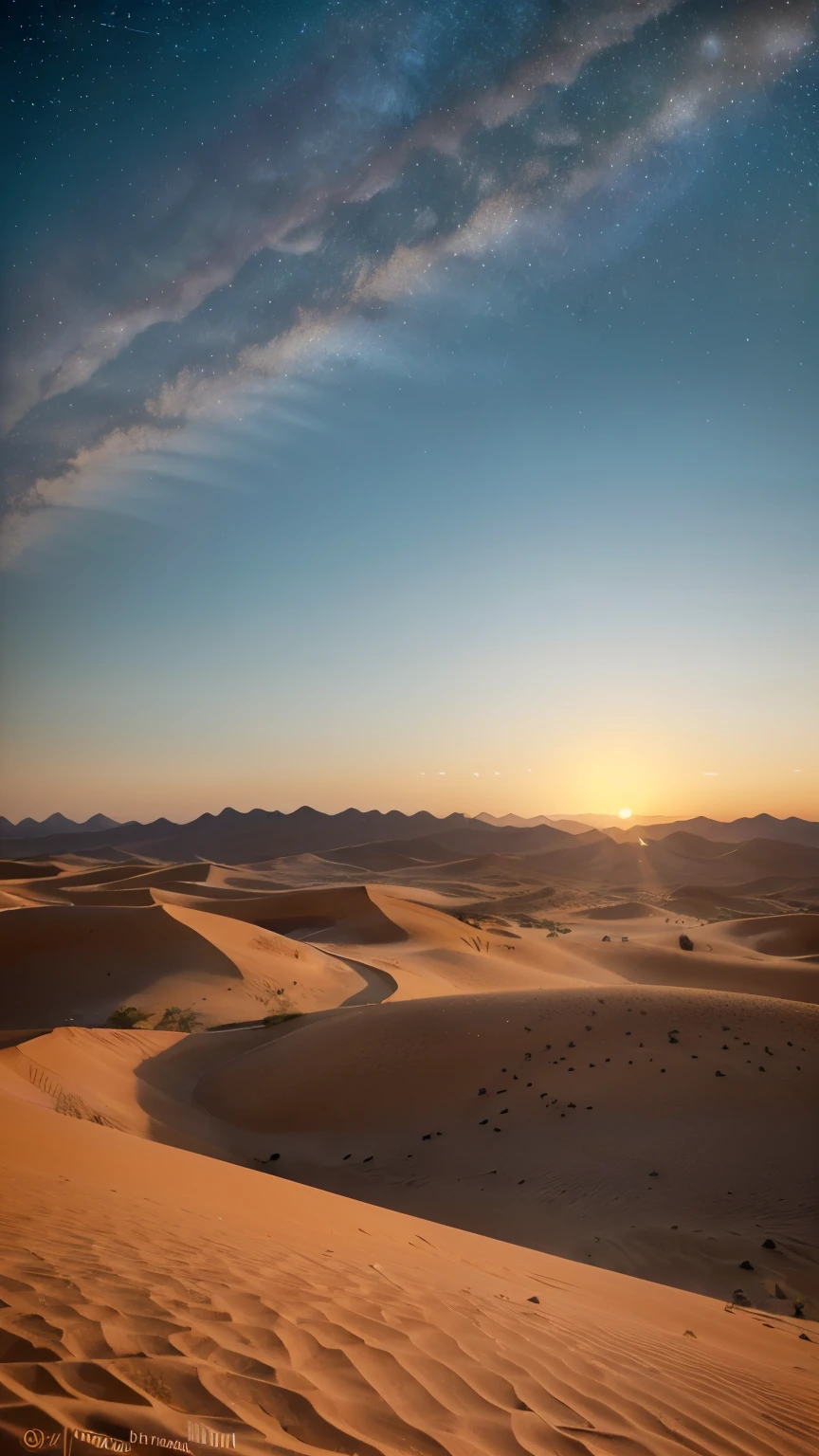 a vast desert landscape, golden sand dunes stretching as far as the eye can see, an oasis in the distance with lush palm trees and a tranquil blue lake, a Bedouin riding a camel, dressed in traditional robes and headscarf, the sun casting long shadows across the desert, a flock of migrating birds flying overhead, the sound of gentle desert winds whispering through the sand, the heat shimmering in the air, creating a dreamlike atmosphere, the colors of the desert changing from warm golden tones to deep orange and vibrant red during sunset, the sky filled with countless twinkling stars at night, creating a breathtaking view, the sand dunes carved by the wind, creating intricate patterns and textures, a sense of vastness and solitude, the sound of traditional Arabic music playing softly in the background, adding to the ambiance, a sense of tranquility and serenity, the desert silence broken only by the occasional sound of a camel's call, a captivating and timeless scene, capturing the beauty and mystery of the Middle Eastern deserts.
(best quality,4k,8k,highres,masterpiece:1.2), ultra-detailed, realistic:1.37, HDR, UHD, studio lighting, vivid colors, bokeh, portraits, landscape, photography, concept artists, warm earthy tones, soft golden light, gentle shadows, ethereal atmosphere, rich textures, graceful movement, vastness, stillness, never-ending horizon, ancient traditions, timeless beauty.