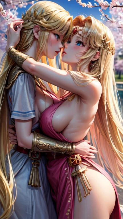 blonde very long hair, red eyes, wearing a sexy pink dress, ultrasharp, looking at the viewer, ((best quality)), ((masterpiece)), (detailed), perfect face, big breast, sexy body, sexy woman besides her, hugged, An anime scene of two girls hugging and kissing intensely, with hearts and sparkles floating around them as they stand under the cherry blossoms in a dreamy park