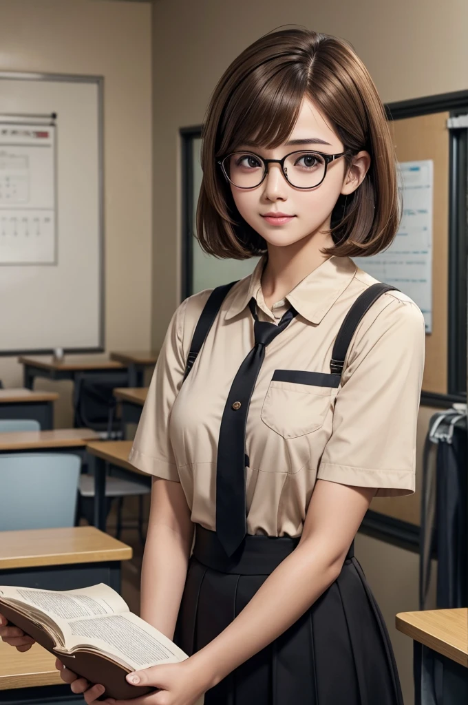 light brown hair　short bob　bun hair　beautiful girl　１７age　black rim glasses　reading　uniform　live-action　classroom