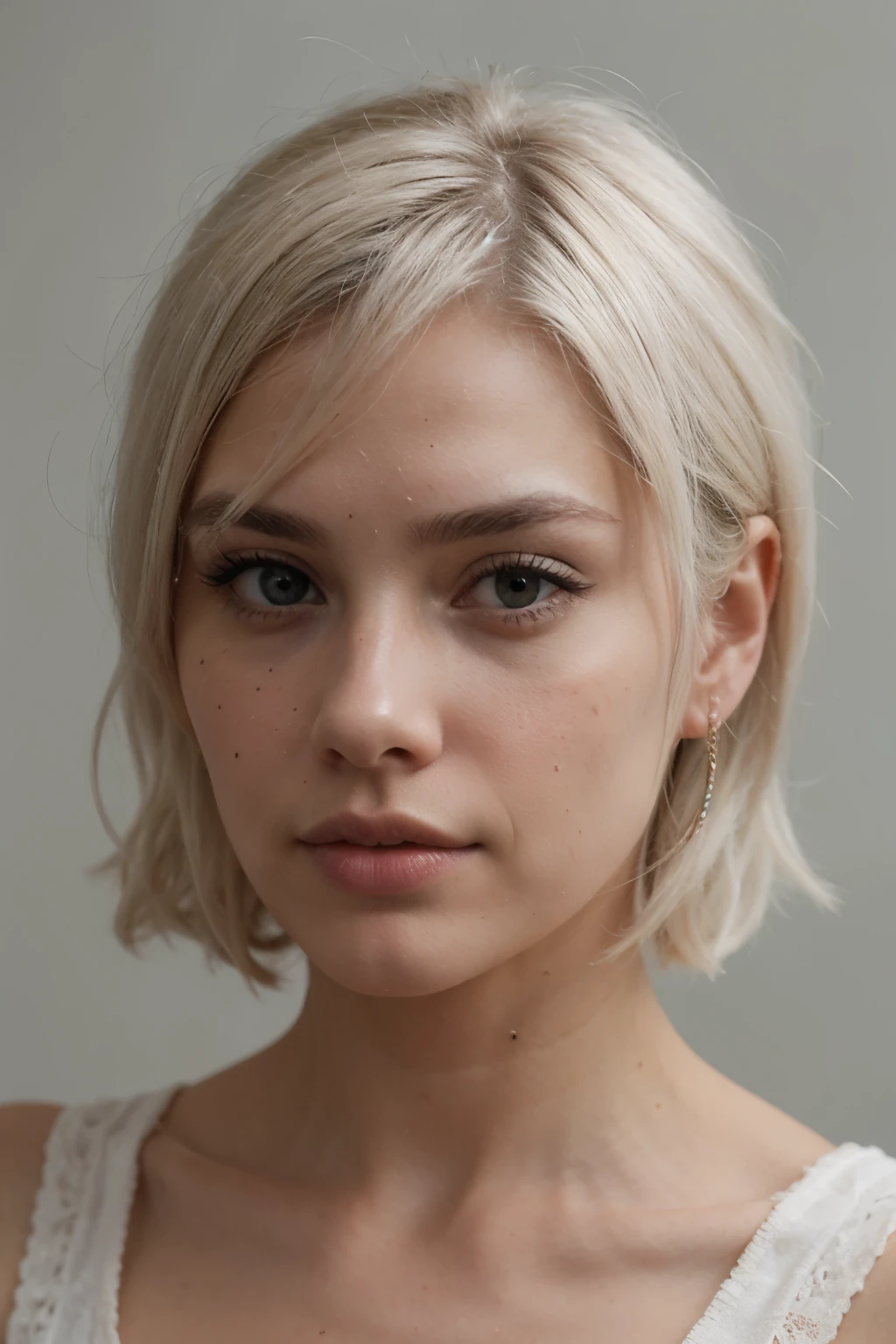 (CR-Skyl4rVoxe-Denche354:0.9), portrait of woman, grey background, (undercut hair:1.1), (tilted angle shot:1.1),