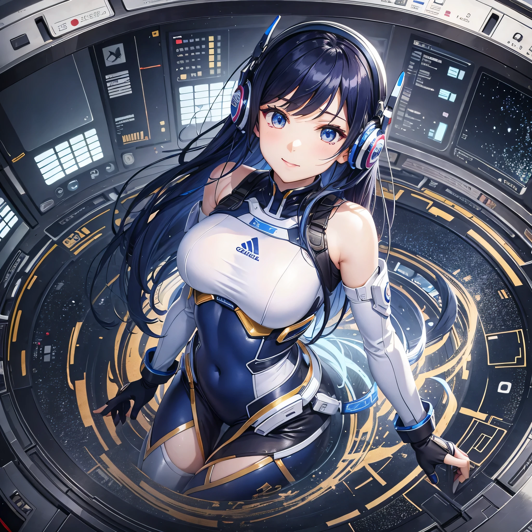 (masterpiece、highest quality、highest resolution、clear_image、detailed details、The angle is from above): (full body figure、solo、lonely girl、Japanese faces、shortcut、Dark blue hair girl、(perfect body:1.4)、sparkling blue eyes、Pilot suit in white and blue colors、tight fitting clothes、clothes that cover the whole body、shiny clothes、tight fit pants、Clothing that doesn't attract skin、clothes that hide skin、very delicate and beautiful、detailed skin、slim body、exoskeleton、cute type、gentle smile、soft expression、heroine、headset、Knee-high boots、gloves、eye level shot、facing directly)、(inside a spaceship、Fighter cockpit、control stick)