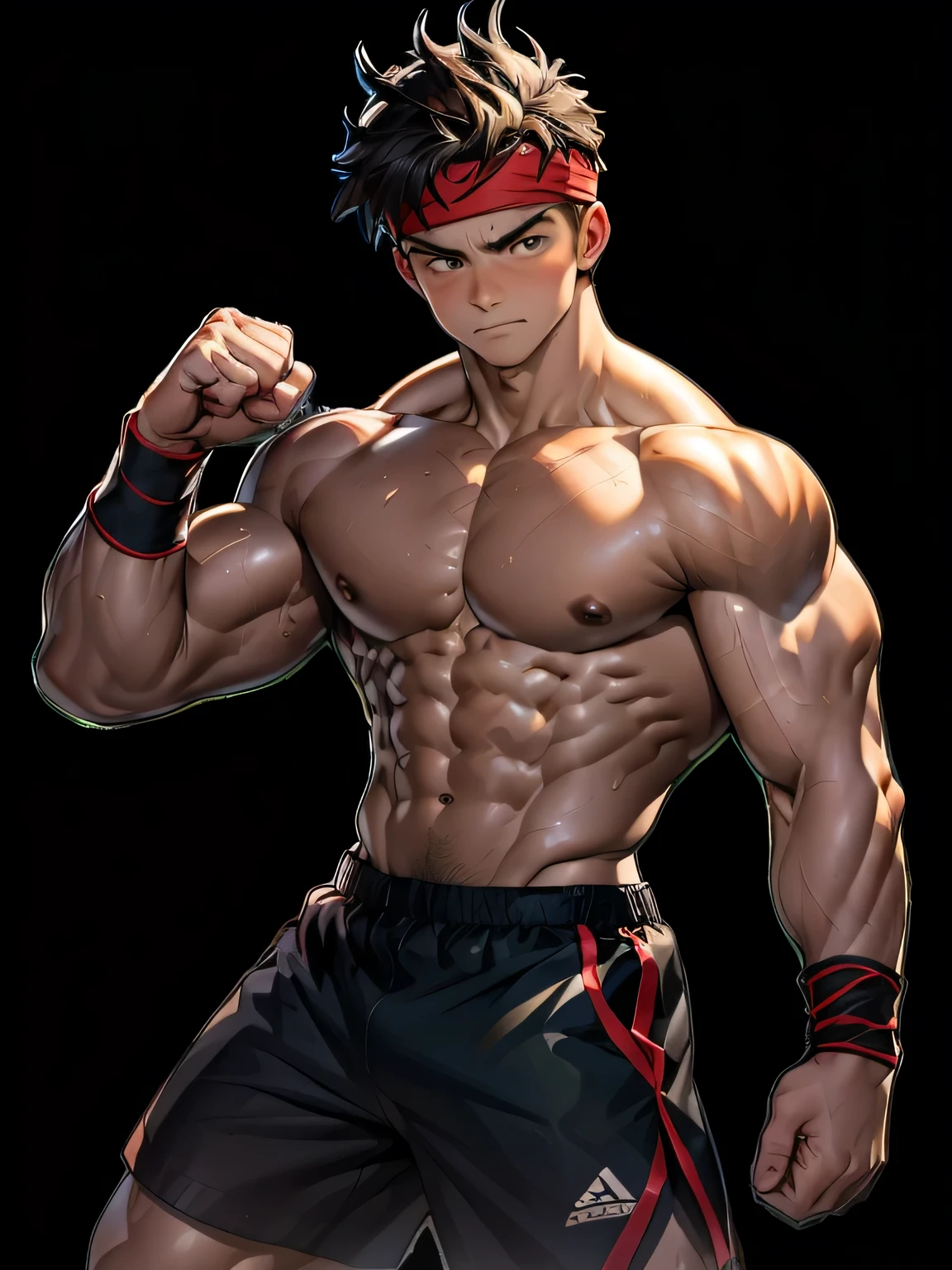 (Masterpiece, Best quality 19 year old boy, black background), solo, Young, boy, muscler, Shirtless, topless, (Dark Short straight hair, under cut, brown eyes), (red headband, ((black wristband))), Vivid colors, (hot Abs:1.2, abs!, big abs, big breast:1.2, chest!, muscler upper arms, clenched fist), (topless male), muscler!, muscler body, Man with martial arts stance, (aura power:1.4), detailed face, detailed muscle, (((A magical turquoise mystical aura, random fighting pose, powerful, action, rippling muscles, fighting with enemy, concentrate, Fotografia de combate)))