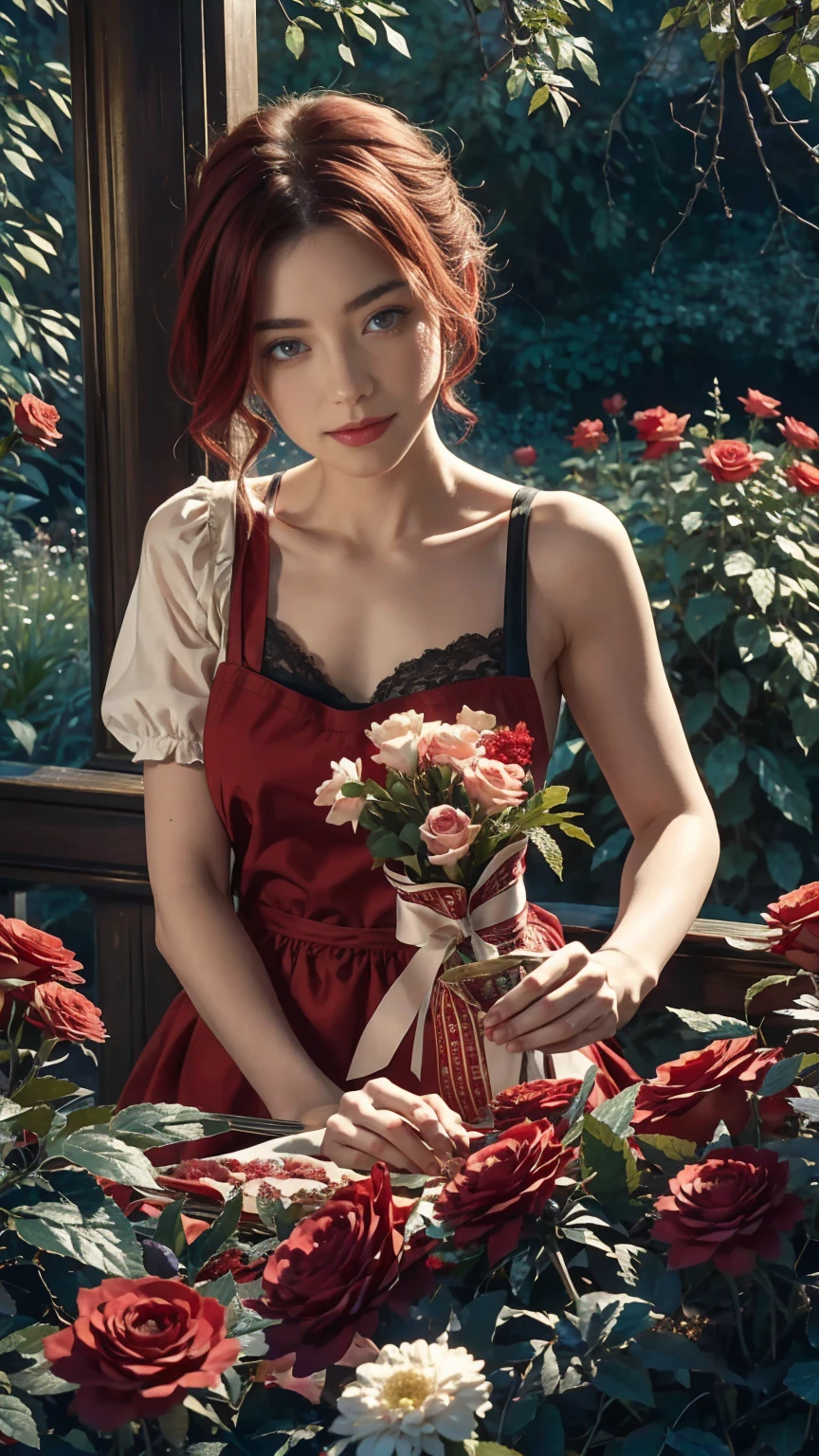 In the heart of the wonderland world a young beautiful girl with short red and white hair, florist clothing and rose apron. cutting red roses from her magical garden. curiosity, loving pose, in wonderland world, creates a loving atmosphere, energy and magic around her. The angle of the scene is dynamic, capturing the intensity of the moment, fine quality green eyes, eyes looking at the camera, ultra detailed, Beautiful and aesthetically pleasing, masterpiece, Best quality score, (fractal art: 1.3), Extremely detailed , dynamic angle, raytraced, middle body, close up, particles and hard lights, beautiful red roses