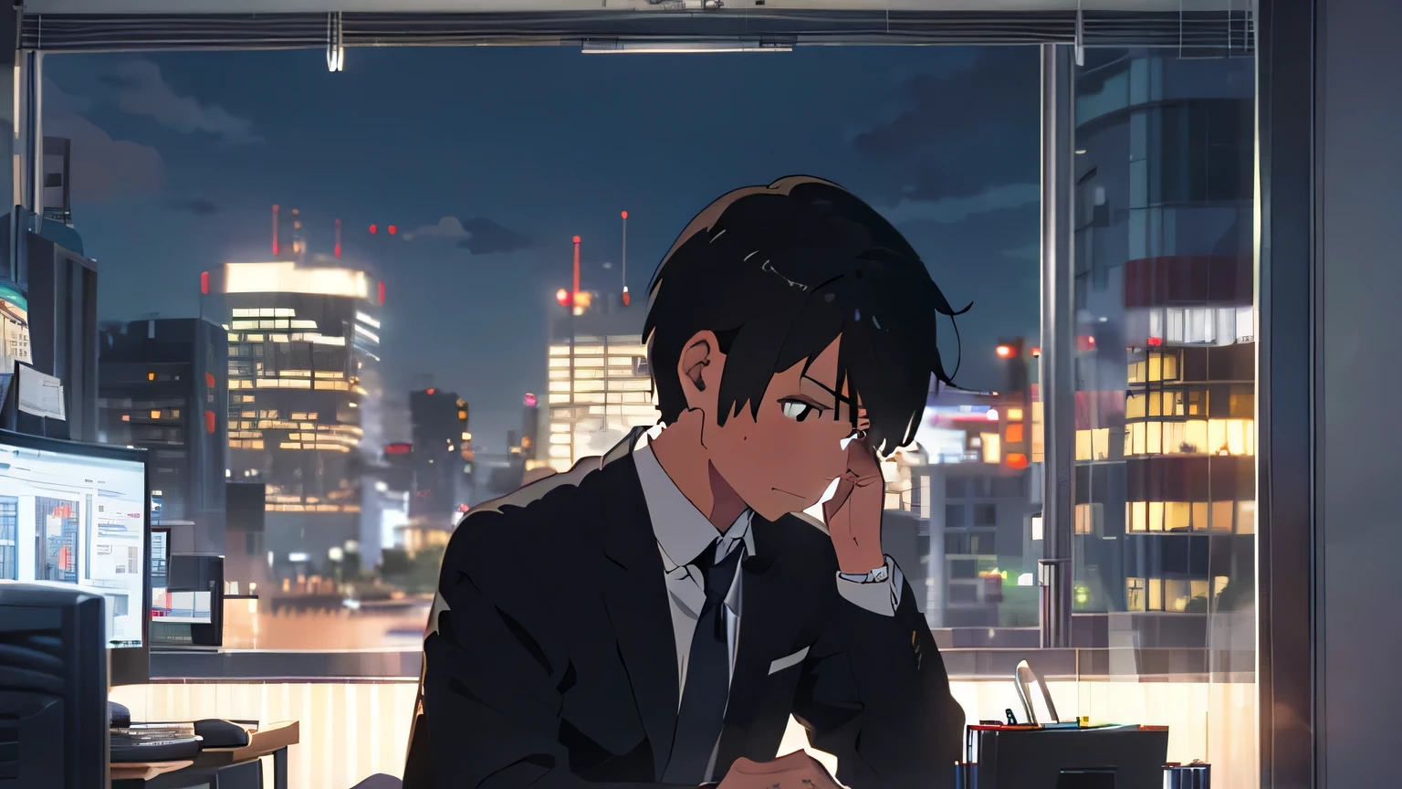 late night office、Outside the window, the lights of the buildings flicker slightly.、A male office worker in his 20s is wearing a suit and working in front of a computer、Crying loudly and shedding tears、The clock on the wall points to midnight
