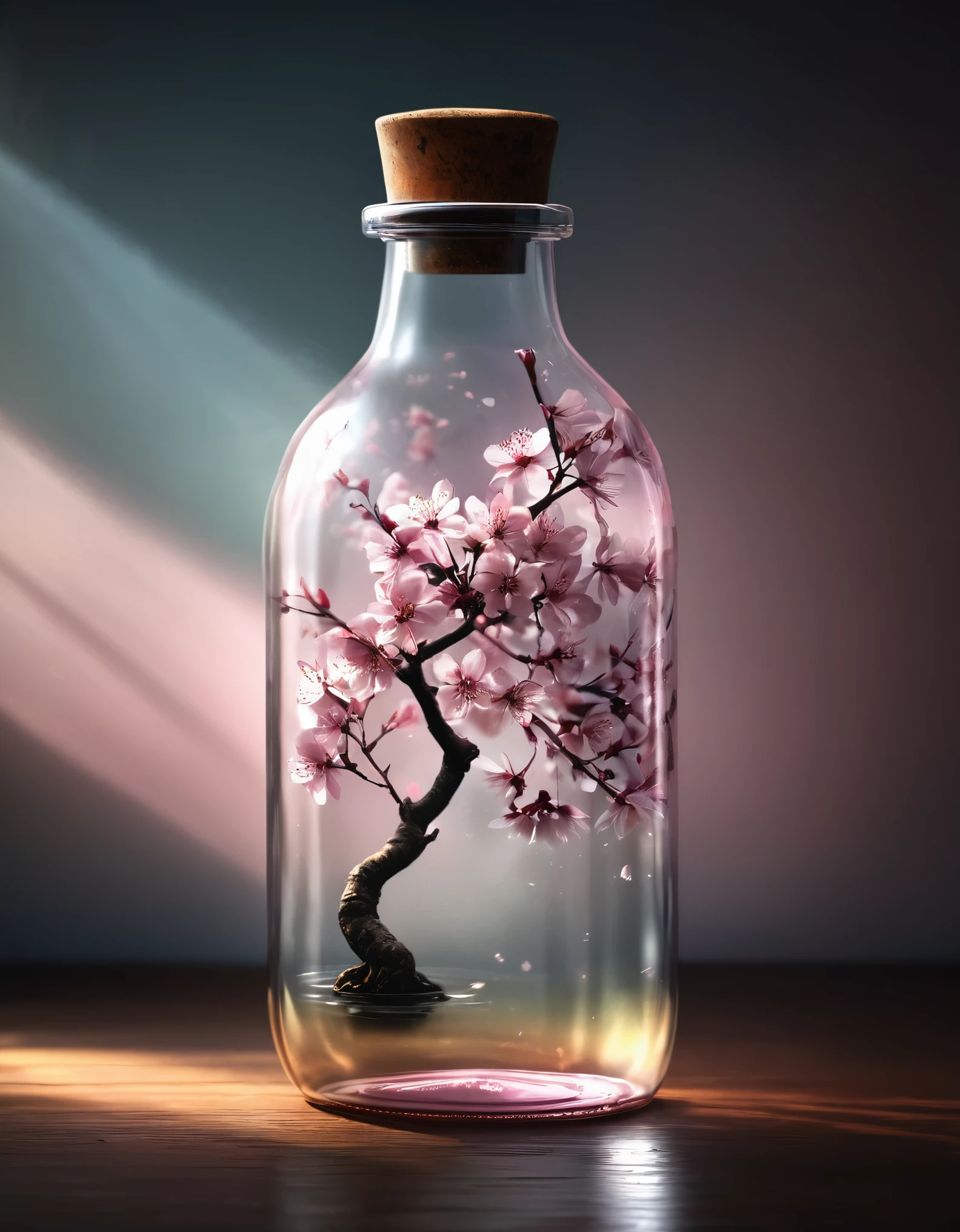 A digital painting inspired by Lee Jeffries' photograph, featuring a realistic depiction of a Sakura tree enclosed in a glass bottle, with soft atmospheric light refracting through the glass.