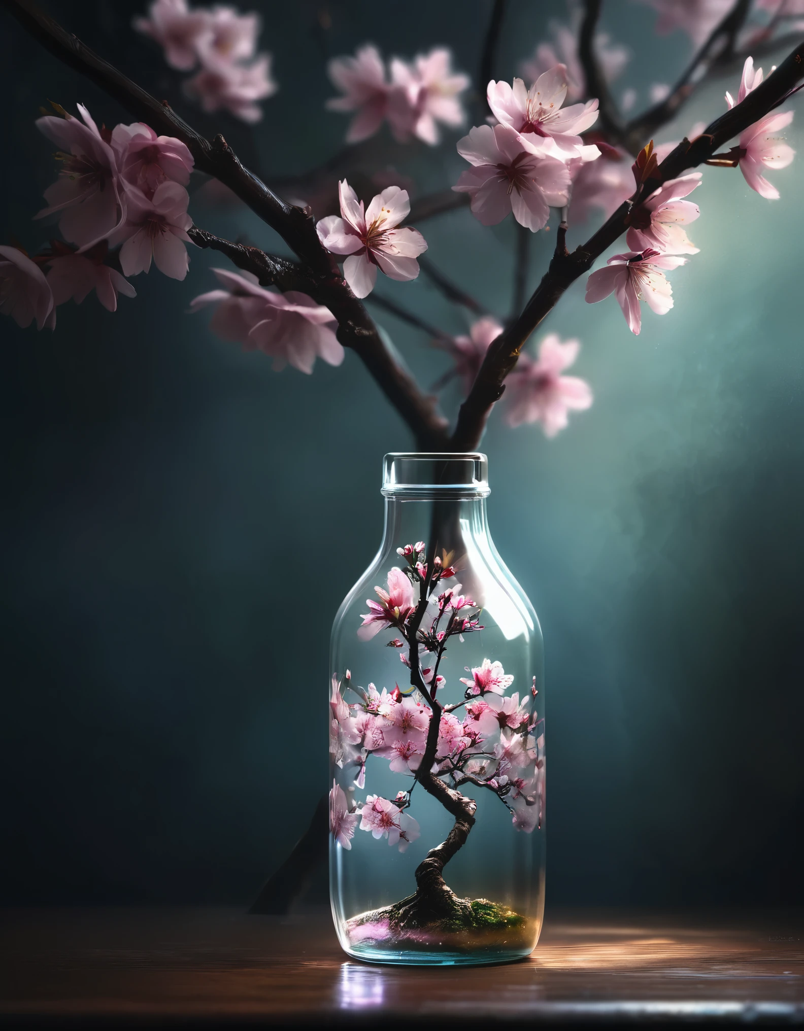 A digital painting inspired by Lee Jeffries' photograph, featuring a realistic depiction of a Sakura tree enclosed in a glass bottle, with soft atmospheric light refracting through the glass.