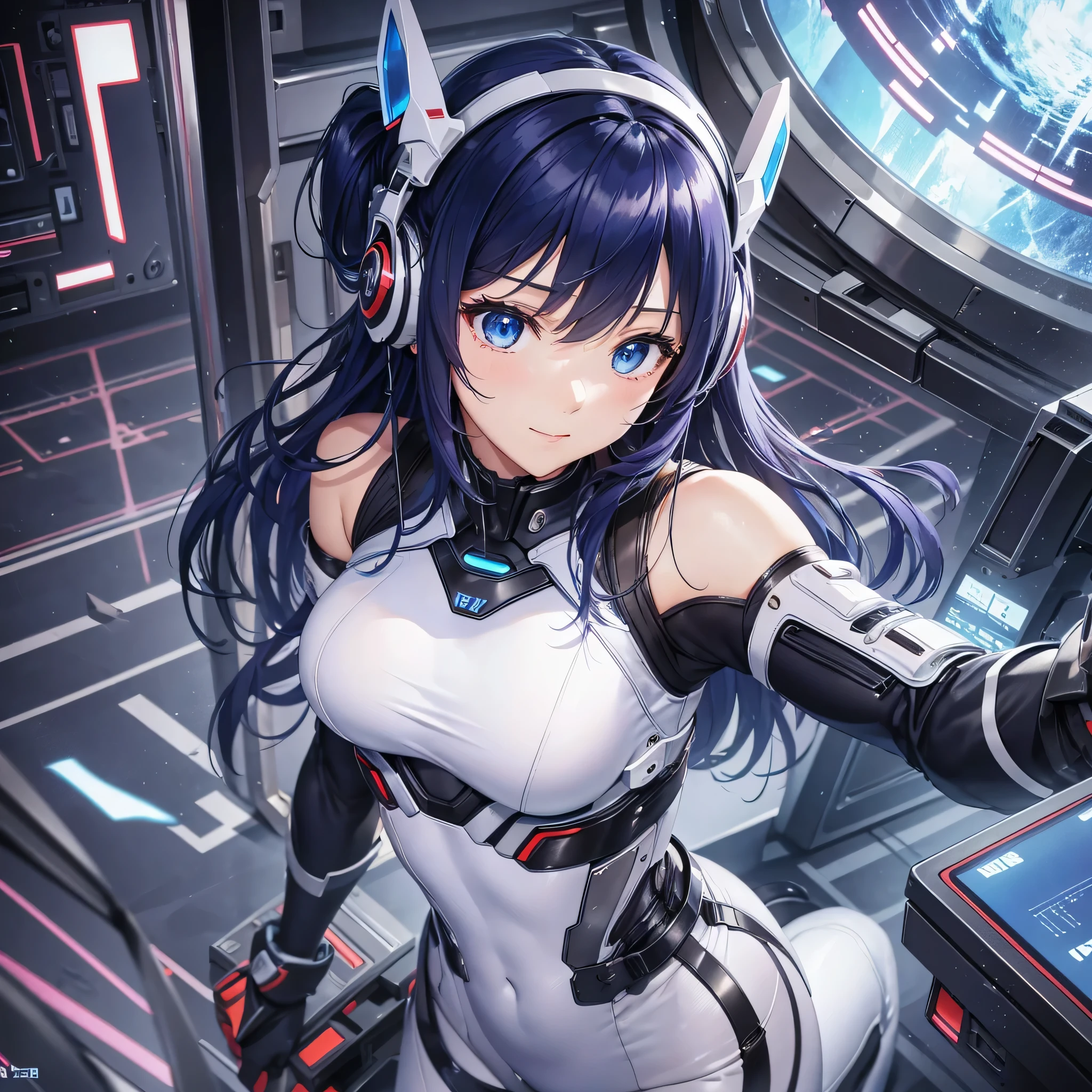 (masterpiece、highest quality、highest resolution、clear_image、detailed details、The angle is from above): (full body figure、solo、lonely girl、Japanese faces、shortcut、Dark blue hair girl、（perfect body：1.4）、sparkling blue eyes、Pilot suit in white and navy blue colors、tight fitting clothes、clothes that cover the whole body、shiny clothes、tight fit pants、Clothing that doesn&#39;t attract skin、clothes that hide skin、very delicate and beautiful、detailed skin、slim body、exoskeleton、cute type、gentle smile、soft expression、heroine、headset、Knee-high boots、gloves、eye level shot、facing directly)、（inside a spaceship、Fighter cockpit）