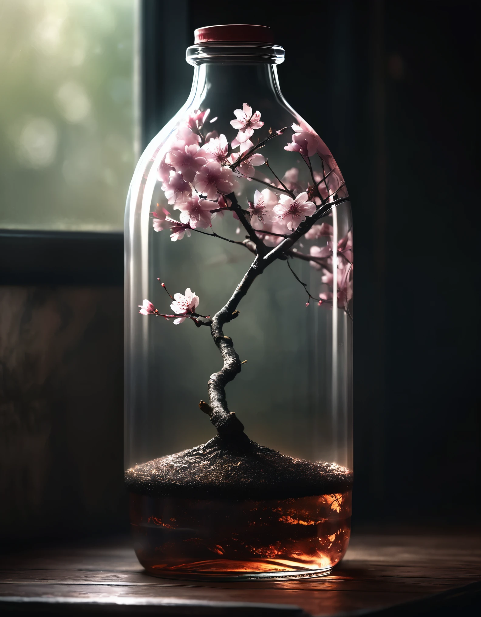 A digital painting inspired by Lee Jeffries' photograph, featuring a realistic depiction of a Sakura tree enclosed in a glass bottle, with soft atmospheric light refracting through the glass.