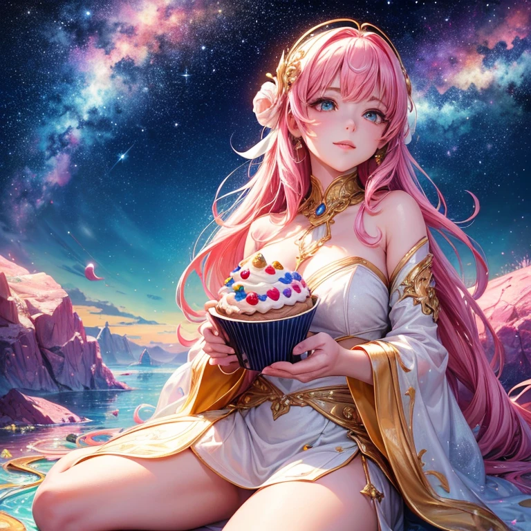 (best quality,4k,8k,highres,masterpiece:1.2),ultra-detailed,(realistic,photorealistic,photo-realistic:1.37),galactic space,pink skies,large cupcakes,everywhere,saturn is a cupcake,k-pop music videos,cosmic environment,fancy colors,sparkling stars,extravagant,bright lights,surreal atmosphere,candy-like clouds,majestic galaxy,scattered sprinkles,whimsical celestial bodies,glimmering nebulas,chocolate fountains,galactic music,mouth-watering desserts,rainbow-colored icing,magical landscape,dream-like scene,mesmerizing visual effects,sweet sensation,futuristic elements,playful vibes,otherworldly setting,deliciously surreal,eye-catching aesthetics,celestial pastry shop,mesmerizing views,electrifying atmosphere,cosmic delight,enchanting visuals,luxurious indulgence,mesmerizing colors,breathtaking spectacle,luscious treats,vibrant universe,tempting delicacies