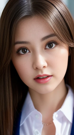 16k, HDR, Natural light, disorganized, Best Quality Masterpiece, Perfect anatomy very detailed face, fine eyes, 1 girl, nsfw, wearing a business suit, (Open blouse), (medium round breasts), (open breasts), cleavage, medium Brunette hair, idols, shining eyes, licks upper lip, close up shots 