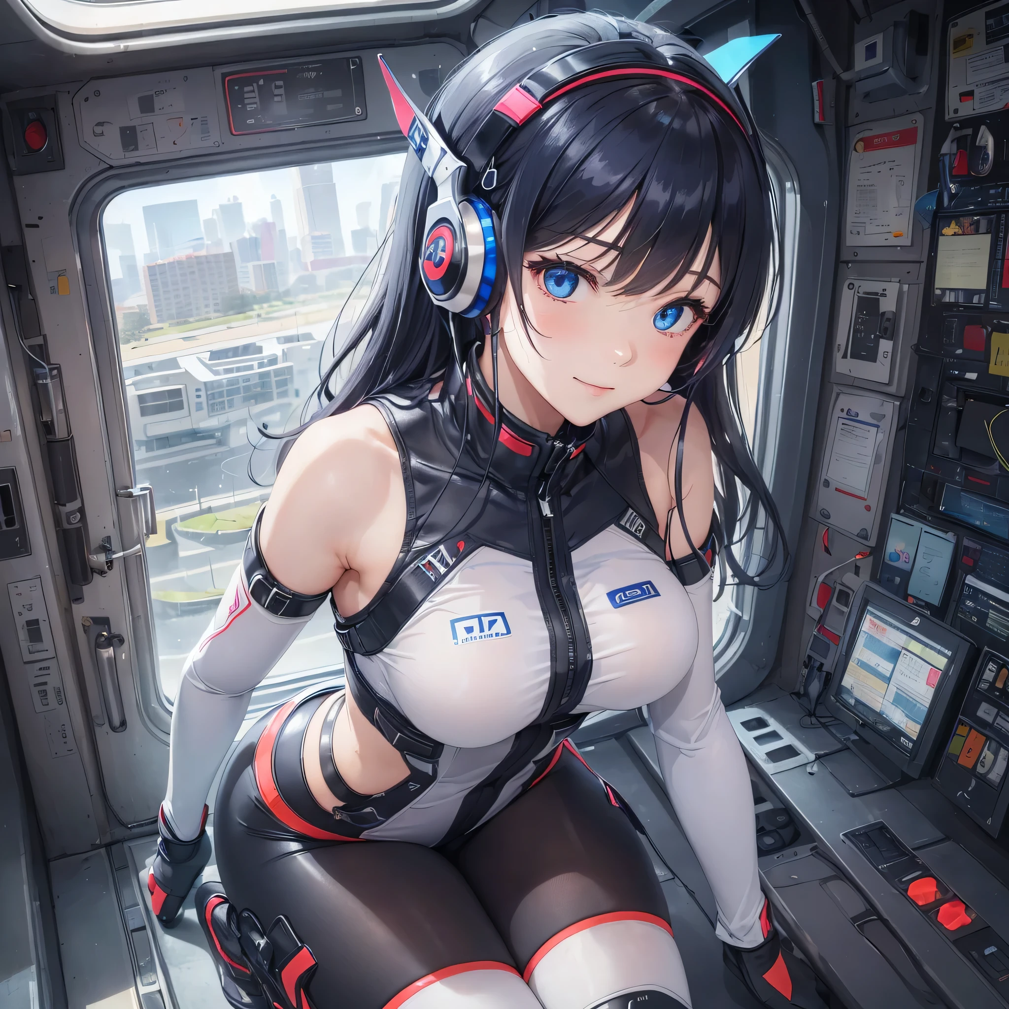 (masterpiece、highest quality、highest resolution、clear_image、detailed details、The angle is from above): (full body figure、solo、lonely girl、Japanese faces、shortcut、Dark blue hair girl、(perfect body:1.4)、sparkling blue eyes、Pilot suit in white and navy blue colors、tight fitting clothes、clothes that cover the whole body、shiny clothes、tight fit pants、Clothing that doesn't attract skin、clothes that hide skin、very delicate and beautiful、detailed skin、slim body、exoskeleton、cute type、gentle smile、soft expression、heroine、headset、Knee-high boots、gloves、eye level shot、facing directly)、(inside a spaceship、Fighter cockpit)