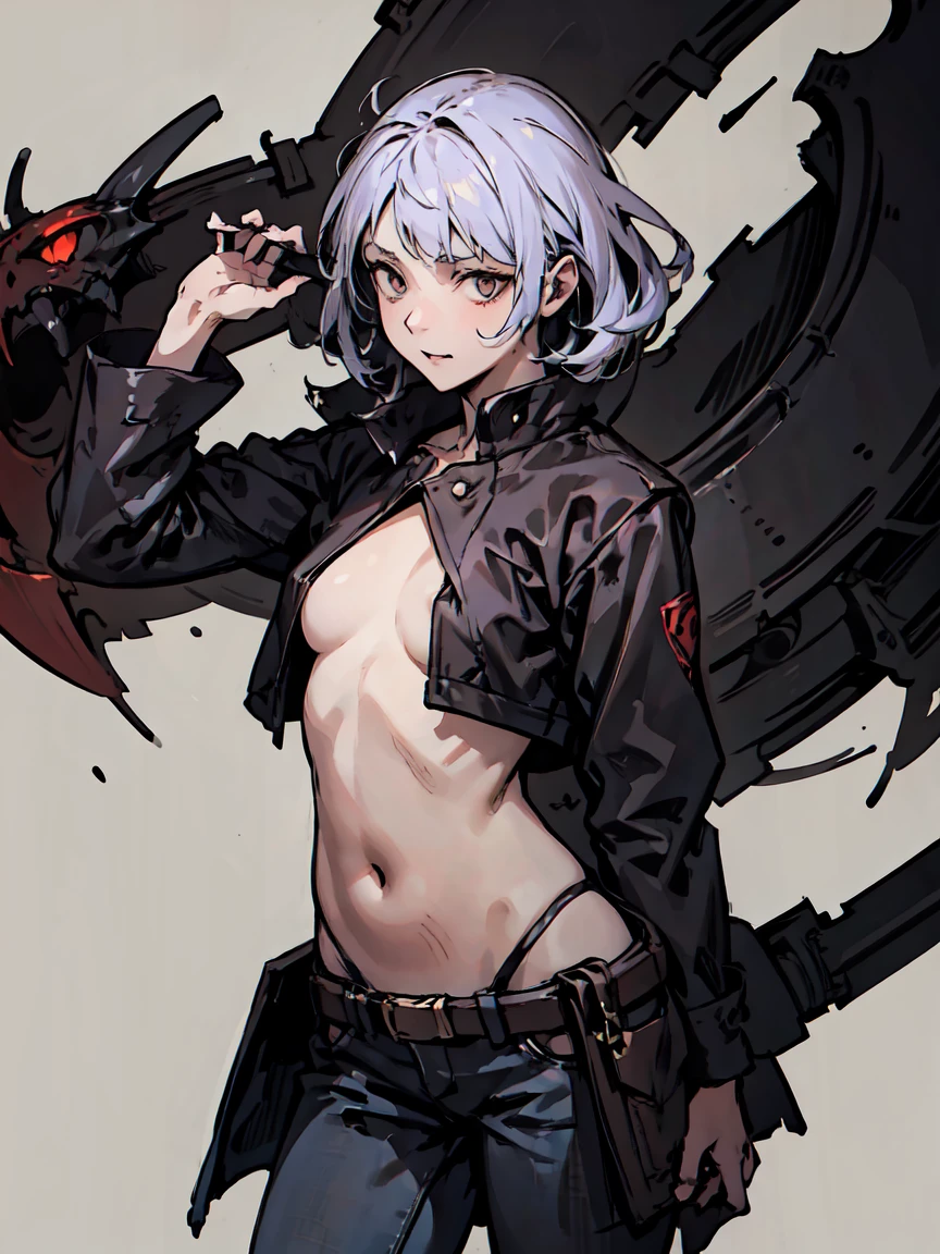 highest quality, High resolution,(White fur coat and denim pants), colorful, (cyberpunk style), High contrast and highly detailed, Horror Concept Art, circus, crazy illustration, flat illustration、small eyes、small breasts, Mr.々colored hair, realistic, masterpiece, super detailed, 8K, epic realistic, beautiful