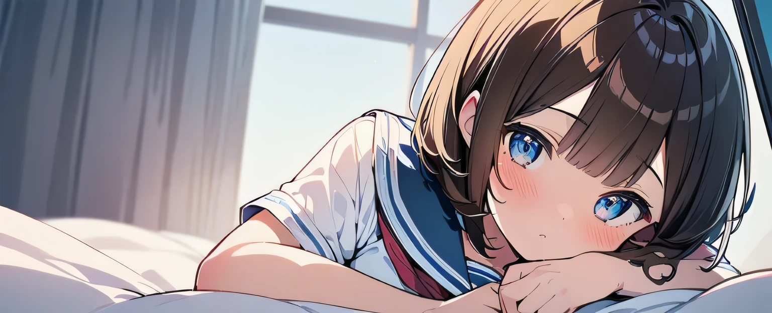 (best quality), (Super detailed), (Best Illustration), (1girl), full body, look at viewer, from above, (white serafuku), (lying on side:1.2), blush, {brown hair, (bob cut:1.2), curly hair, hairs between eyes}, {(detailed eyes), twinkle(in the eyes), blue eyes}, (bed)