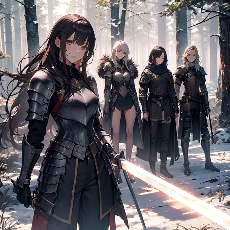 A group of  female knights, (in forest), various hair styles, harem, wearing armored clothes, metal armor, night, details face, trousers, seducing, sword, 
