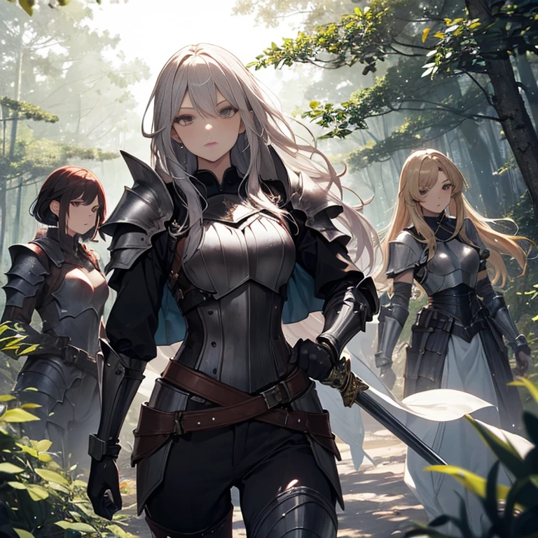 A group of  female knights, (in forest), various hair styles, harem, wearing armored clothes, metal armor, night, details face, trousers, seducing, sword, 