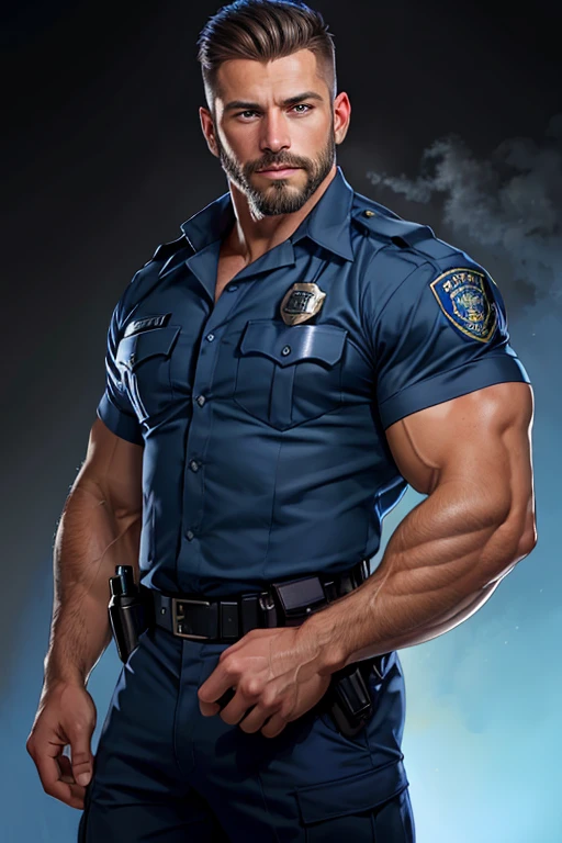 best qualtiy， tmasterpiece， ultra high resolution， detailedbackground， photorealestic， illustratio， Single， 1   boy， Muscle men， sbeard， Police， the street， musculature， Facial hair， Volumetriclighting， depth of fields， Blue short-sleeved shirt police uniform