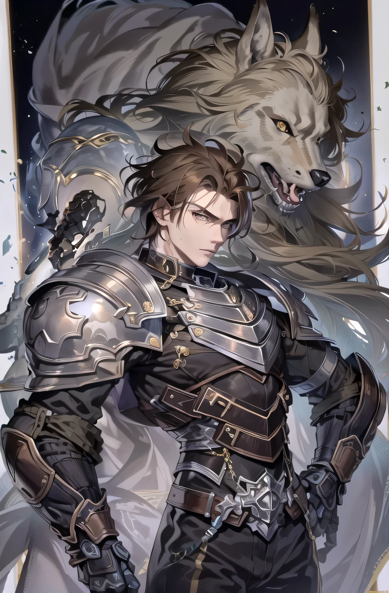 8k, masterpiece, highest quality, best quality, official art, beautiful and aesthetic, extremely detailed, (fractal art: 1.3), colorful, highest detailed, perfect face, athletic upper body, HDR, athletic body, defined muscles, six pack, strong body, slim build, slim waist Detailed face, Detailed eyes, brown eyes, perfect face, perfect eyes, ( 1male, 1 man 1knight, handaome face, long brown hair, sharp jawline, tannned skin, sharp jawline, browm eyes, light armor, hero suit, black lipstick, black eyeshadow, brown hair, wolf cut