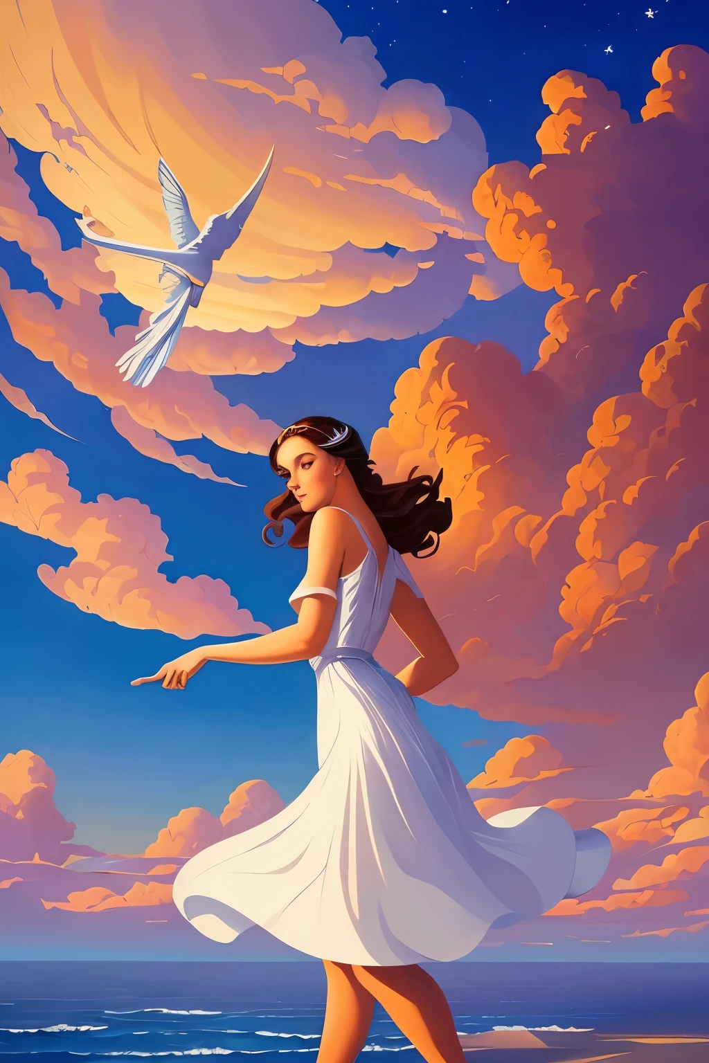 a painting of a woman in a white dress is flying through the sky, an art deco painting by Alexander Kucharsky, tumblr, fantasy art, rhads and lois van baarle, moebius + loish + wlop, rhads!!!, peter mohrbacher'', concept art | rhads, virgil finlaytim hildebrandt