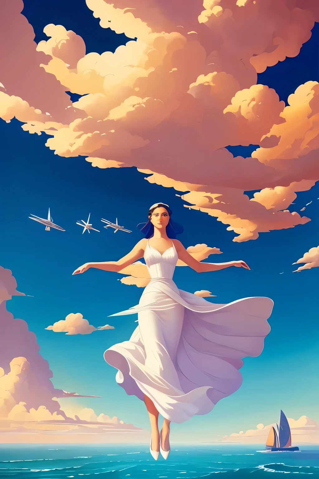 a painting of a woman in a white dress is flying through the sky, an art deco painting by Alexander Kucharsky, tumblr, fantasy art, rhads and lois van baarle, moebius + loish + wlop, rhads!!!, peter mohrbacher'', concept art | rhads, virgil finlaytim hildebrandt