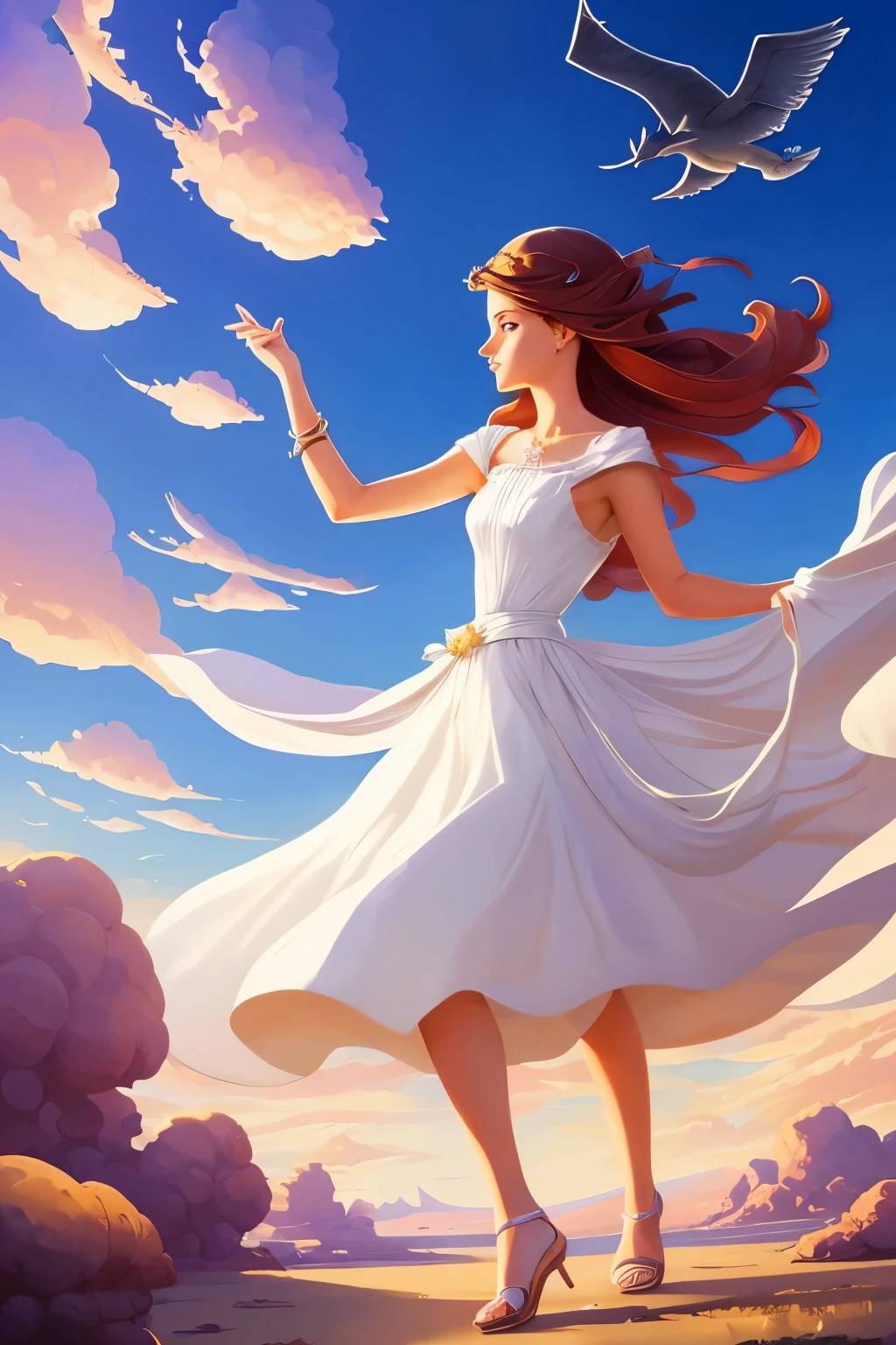 a painting of a woman in a white dress is flying through the sky, rhads and lois van baarle, moebius + loish + wlop, by Alexander Kucharsky, by Justin Gerard, rhads!!!, by loish, inspired by RHADS, by miles johnston, by RHADS, by Michael Sutfin