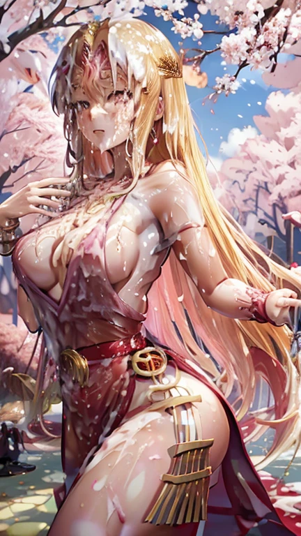 blonde very long hair, red eyes, wearing a sexy pink dress, ultrasharp, looking at the viewer, ((best quality)), ((masterpiece)), (detailed), perfect face, big breast, sexy body, sexy man besides her, hugged, An anime scene of a boy and girl hugging and kissing intensely, with hearts and sparkles floating around them as they stand under the cherry blossoms in a dreamy park
