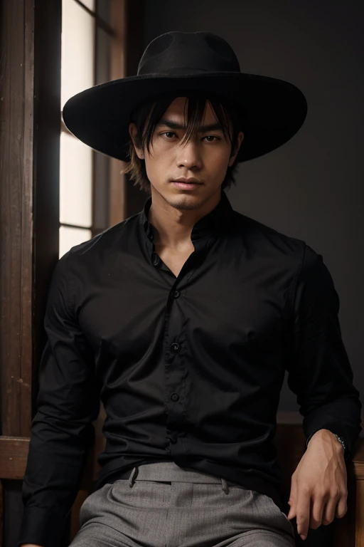 hombre animado estilo manga japones alto y musculoso con un traje negro que los resalte camiseta negra con un pantalon negro elegante, with a violin resting in his left hand, que no se vea su rostro que este oculto bajo un sombrero negro, en un angulo en el que este alejado. que este sentado en una banca de un abismo y al fondo se vea una ciudad con miles de puntos que representan las casas, que la noche sea oscura y algo siniestra.