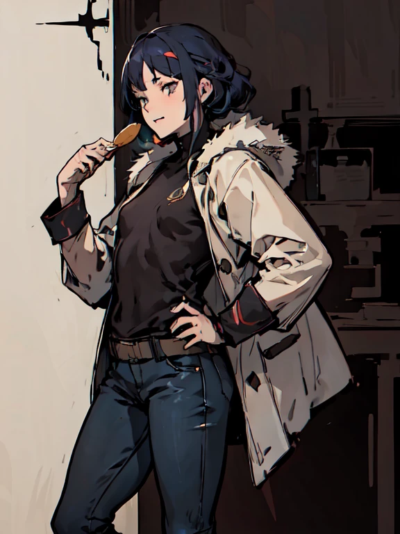 highest quality, High resolution,(White fur coat and denim pants), colorful, (cyberpunk style), High contrast and highly detailed, Horror Concept Art, circus, crazy illustration, flat illustration、small eyes、small breasts, Mr.々colored hair, realistic, masterpiece, super detailed, 8K, epic realistic, beautiful