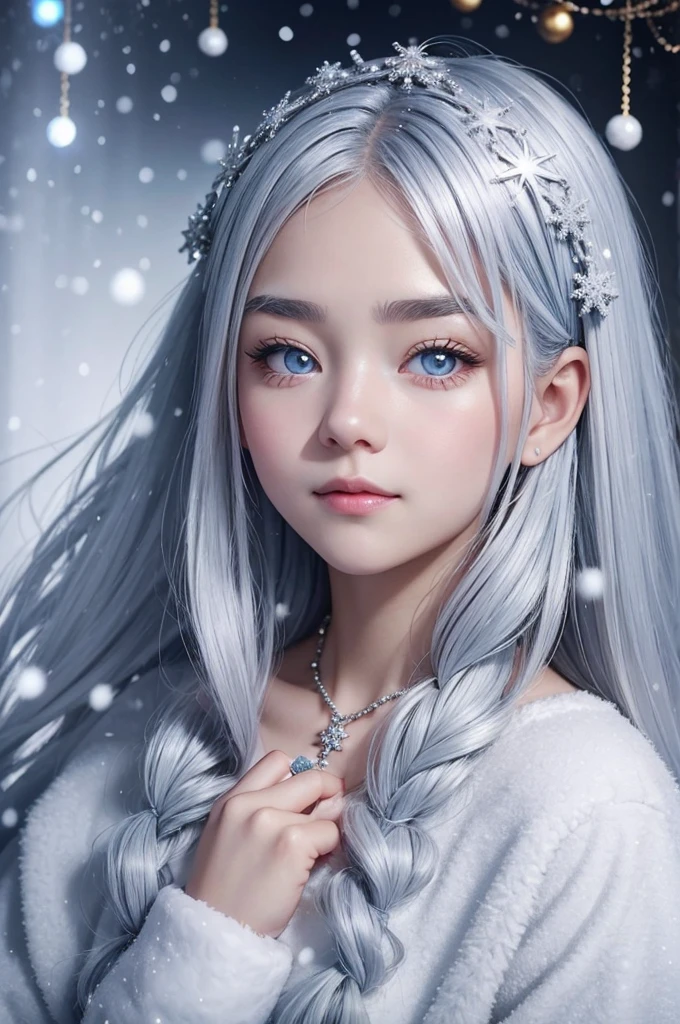 silver hair medium hair Light blue eyebrows beautiful girl baby face 15age Christmas Santa Girl snow live-action
