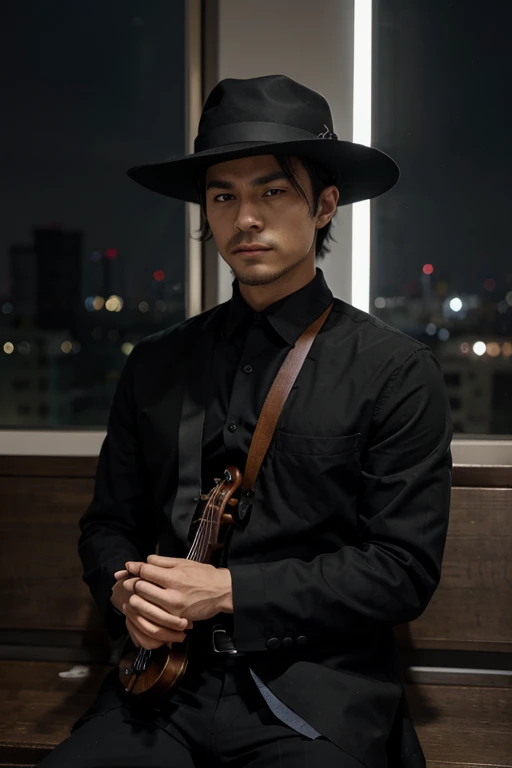 hombre animado estilo manga japones alto y musculoso con un traje negro que los resalte camiseta negra con un pantalon negro elegante, with a violin resting in his left hand, que no se vea su rostro que este oculto bajo un sombrero negro, en un angulo en el que este alejado. que este sentado en una banca de un abismo y al fondo se vea una ciudad con miles de puntos que representan las casas, que la noche sea oscura y algo siniestra.