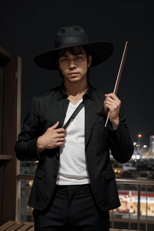 hombre animado estilo manga japones alto y musculoso con un traje negro que los resalte camiseta negra con un pantalon negro elegante, with a violin resting in his left hand, que no se vea su rostro que este oculto bajo un sombrero negro, en un angulo en el que este alejado. que este sentado en una banca de un abismo y al fondo se vea una ciudad con miles de puntos que representan las casas, que la noche sea oscura y algo siniestra.