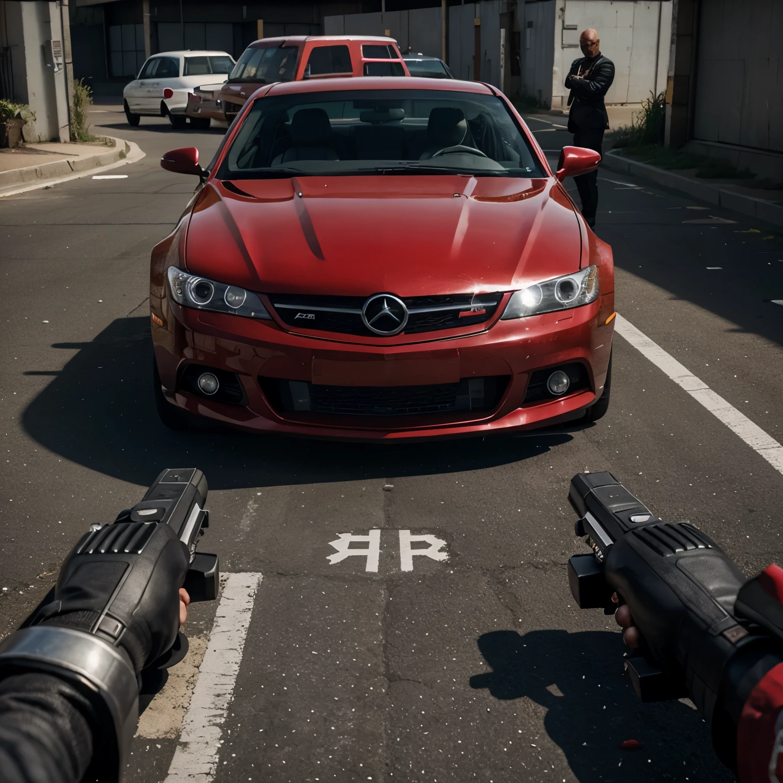 Gangstar backdrop car surrounded with full of highly powerful weapons and have a text as OG in the centre with full of blood 