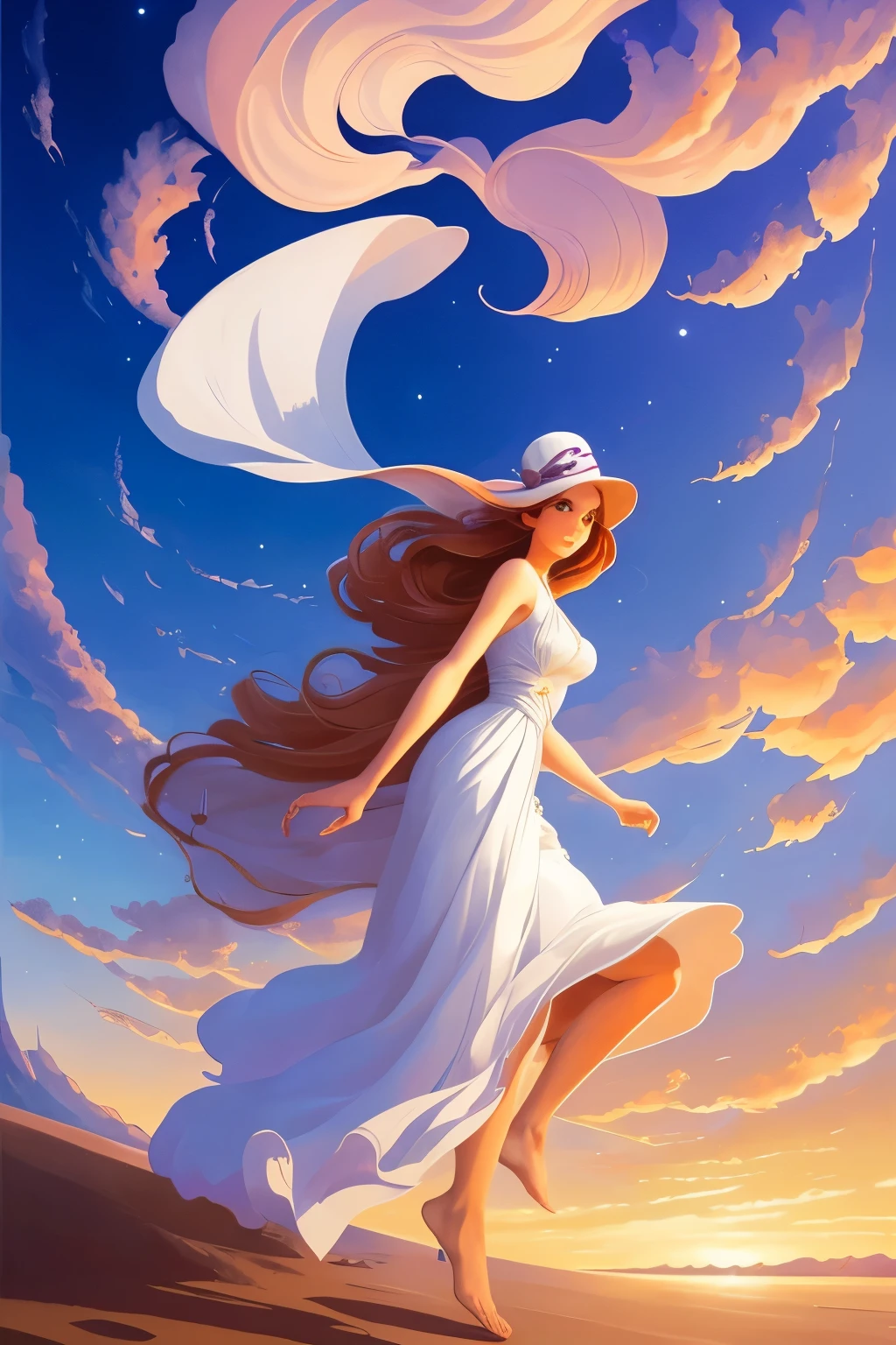 a painting of a woman in a white dress is flying through the sky, rhads and lois van baarle, moebius + loish + wlop, by Alexander Kucharsky, by Justin Gerard, rhads!!!, by loish, inspired by RHADS, by miles johnston, by RHADS, by Michael Sutfin