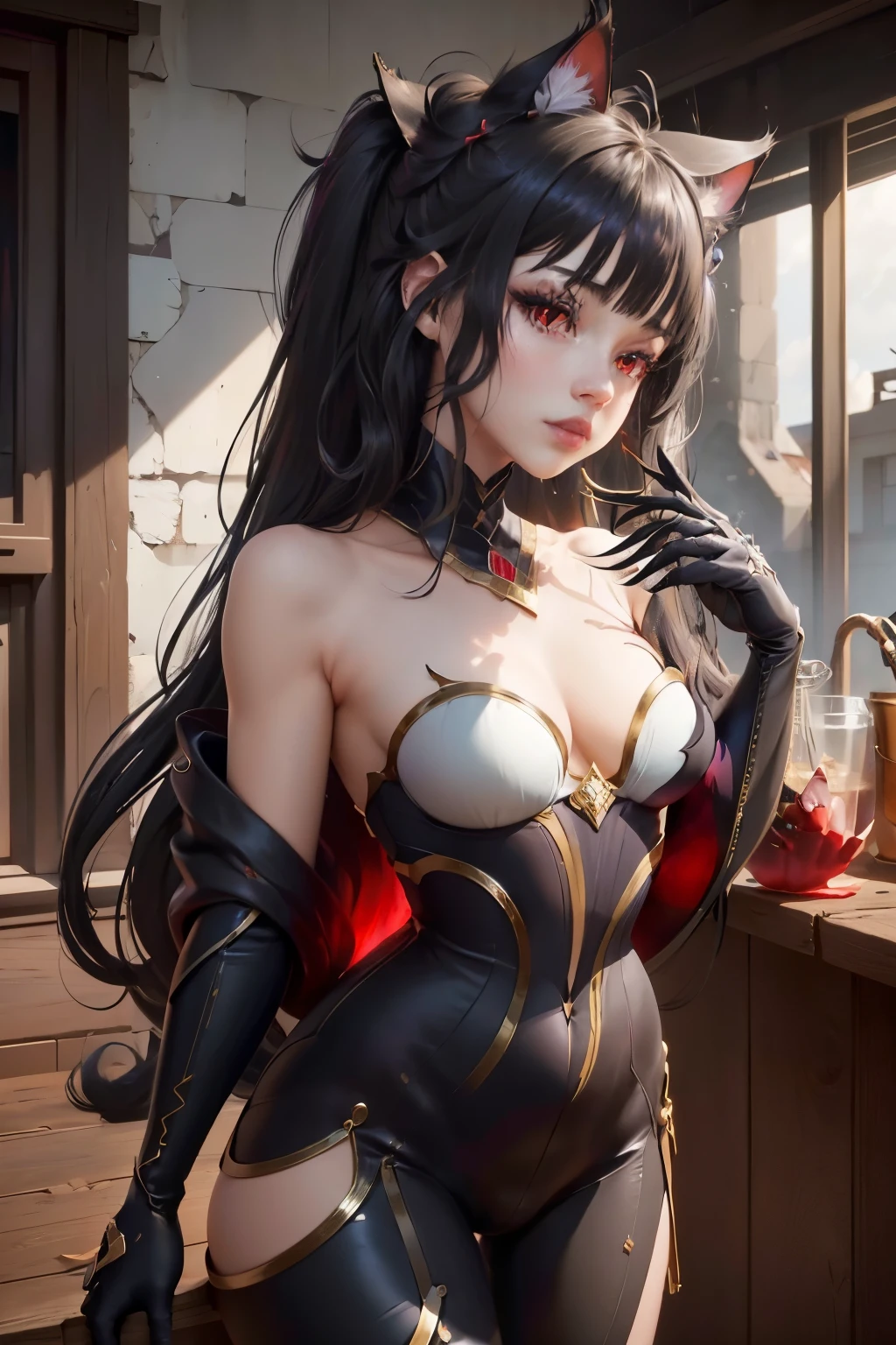 ,((long hair slightly wavy slightly past the shoulders, black bangs, small black pigtails on the sides, cute cat ears, beautiful thin red eyes,)),rojo_eyes, ojos brillantes,  DESCANSO coven evelynn, hyperdetailed intricately detailed art trending on Artstation triadic colors Unreal Engine 5 detailed , 8k resolution, obra maestra de deviantart,