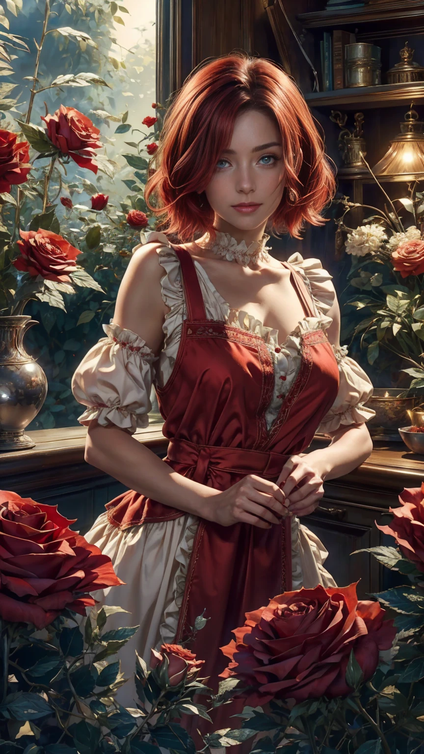 In the heart of the wonderland world a young beautiful girl with short red and white hair, florist clothing and rose apron. cutting red roses from her magical garden. curiosity, loving pose, in wonderland world, creates a loving atmosphere, energy and magic around her. The angle of the scene is dynamic, capturing the intensity of the moment, fine quality green eyes, eyes looking at the camera, ultra detailed, Beautiful and aesthetically pleasing, masterpiece, Best quality score, (fractal art: 1.3), Extremely detailed , dynamic angle, raytraced, face close up, close up, high view, particles and hard lights, beautiful red roses