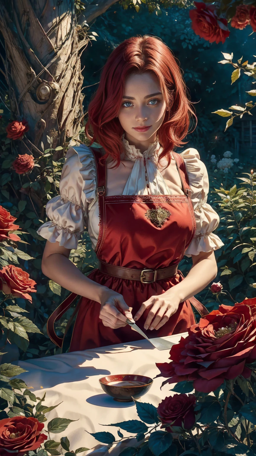 In the heart of the wonderland world a young beautiful girl with short red and white hair, florist clothing and rose apron. cutting red roses from her magical garden. curiosity, loving pose, in wonderland world, creates a loving atmosphere, energy and magic around her. The angle of the scene is dynamic, capturing the intensity of the moment, fine quality green eyes, eyes looking at the camera, ultra detailed, Beautiful and aesthetically pleasing, masterpiece, Best quality score, (fractal art: 1.3), Extremely detailed , dynamic angle, raytraced, face close up, close up, high view, particles and hard lights, beautiful red roses