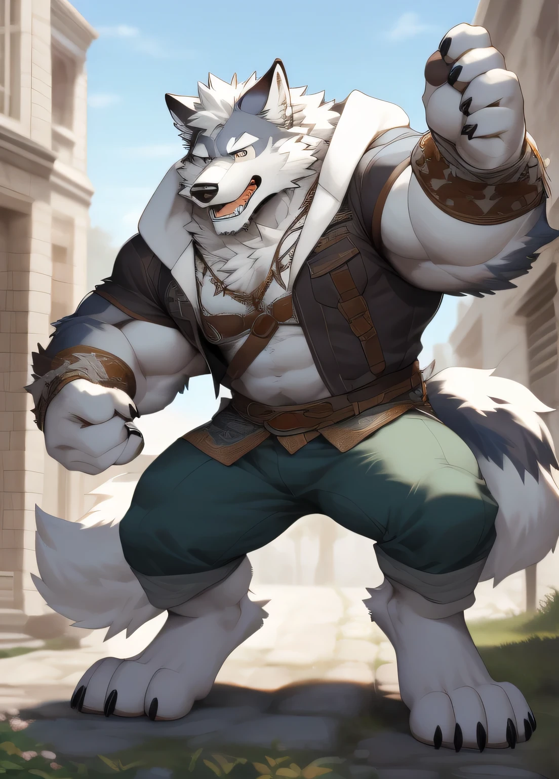 hairy,((Wolf,white loose jacket,)),white fur,male,Common,full body pictures((Extremely lifelike shade,masterpiece,Very detailed,lifelike)), ((Cat)),dynamic poses,holding sword,site,side