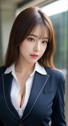 16k, HDR, Natural light, disorganized, Best Quality Masterpiece, Perfect anatomy very detailed face, fine eyes, 1 girl, ((nsfw)), wearing a business suit, (Open blouse), (medium round breasts), (open breasts), cleavage, medium Brunette hair, idols, shining eyes, (licks upper lip), close up shots 